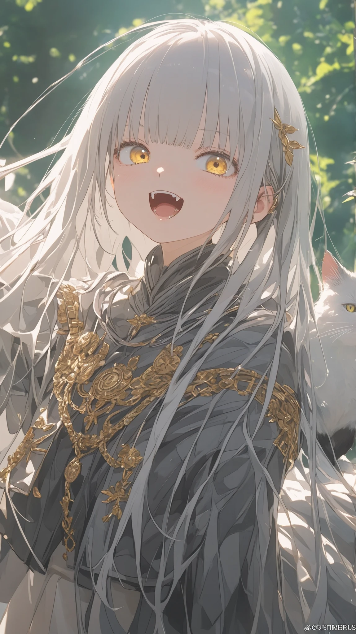 A lupine woman standing tall in a moonlit forest clearing, her fur a gradient of charcoal gray fading to silver underbelly. She wears smudged black mascara that accentuates her fierce golden-amber eyes, while light-blue pupils pierce through like glacial fractures. Bold crimson lipstick stains her muzzle, contrasting sharply against ivory fangs. Her athletic frame is captured mid-stride—muscular haunches coiled, claws digging into moss—as tattered leather straps crisscross her torso, hinting at wilderness survival. Moonbeams catch the frost on her ruffled mane and the mist curling around her hind legs, emphasizing her primal elegance.