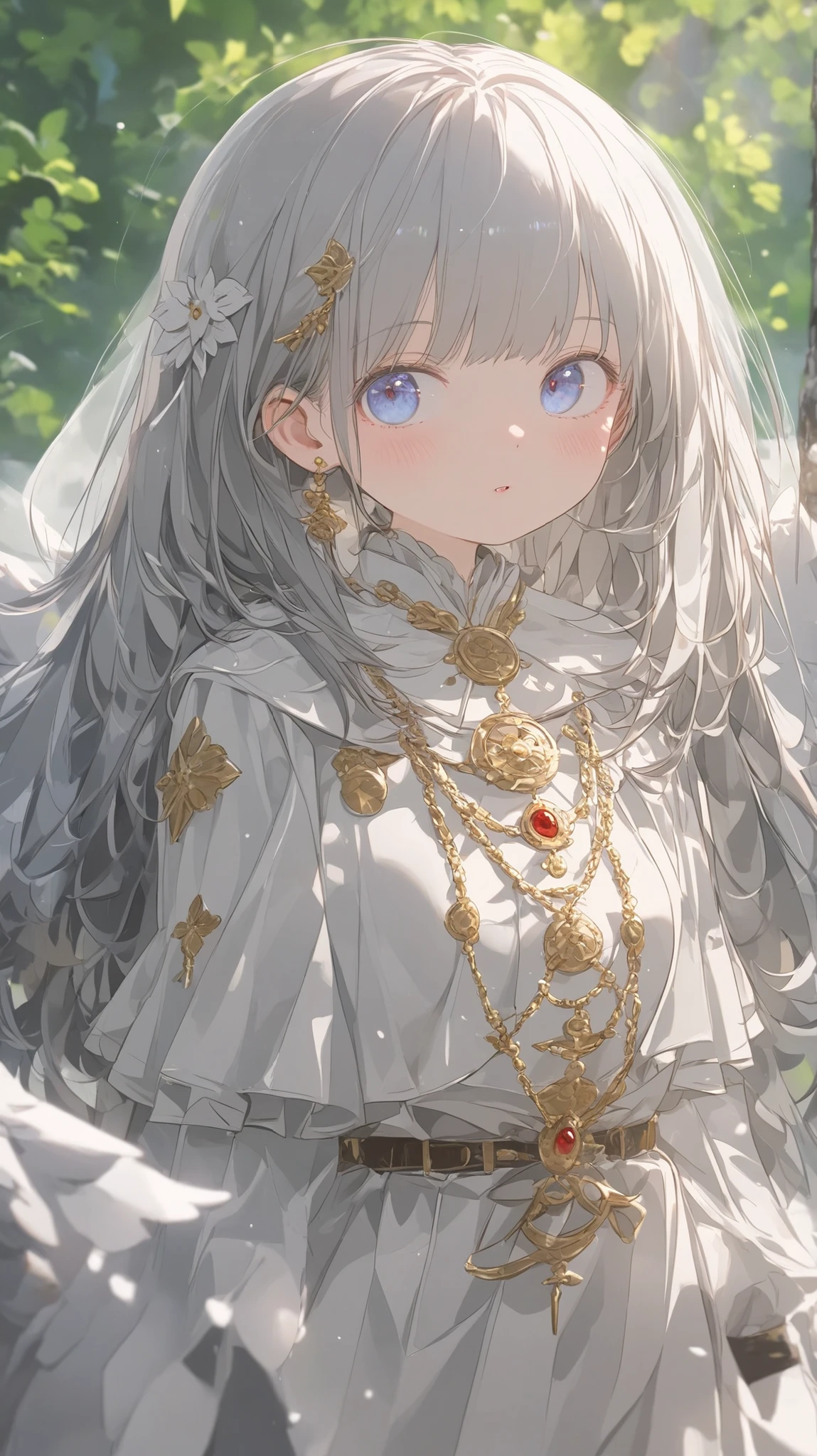 A lupine woman standing tall in a moonlit forest clearing, her fur a gradient of charcoal gray fading to silver underbelly. She wears smudged black mascara that accentuates her fierce golden-amber eyes, while light-blue pupils pierce through like glacial fractures. Bold crimson lipstick stains her muzzle, contrasting sharply against ivory fangs. Her athletic frame is captured mid-stride—muscular haunches coiled, claws digging into moss—as tattered leather straps crisscross her torso, hinting at wilderness survival. Moonbeams catch the frost on her ruffled mane and the mist curling around her hind legs, emphasizing her primal elegance.