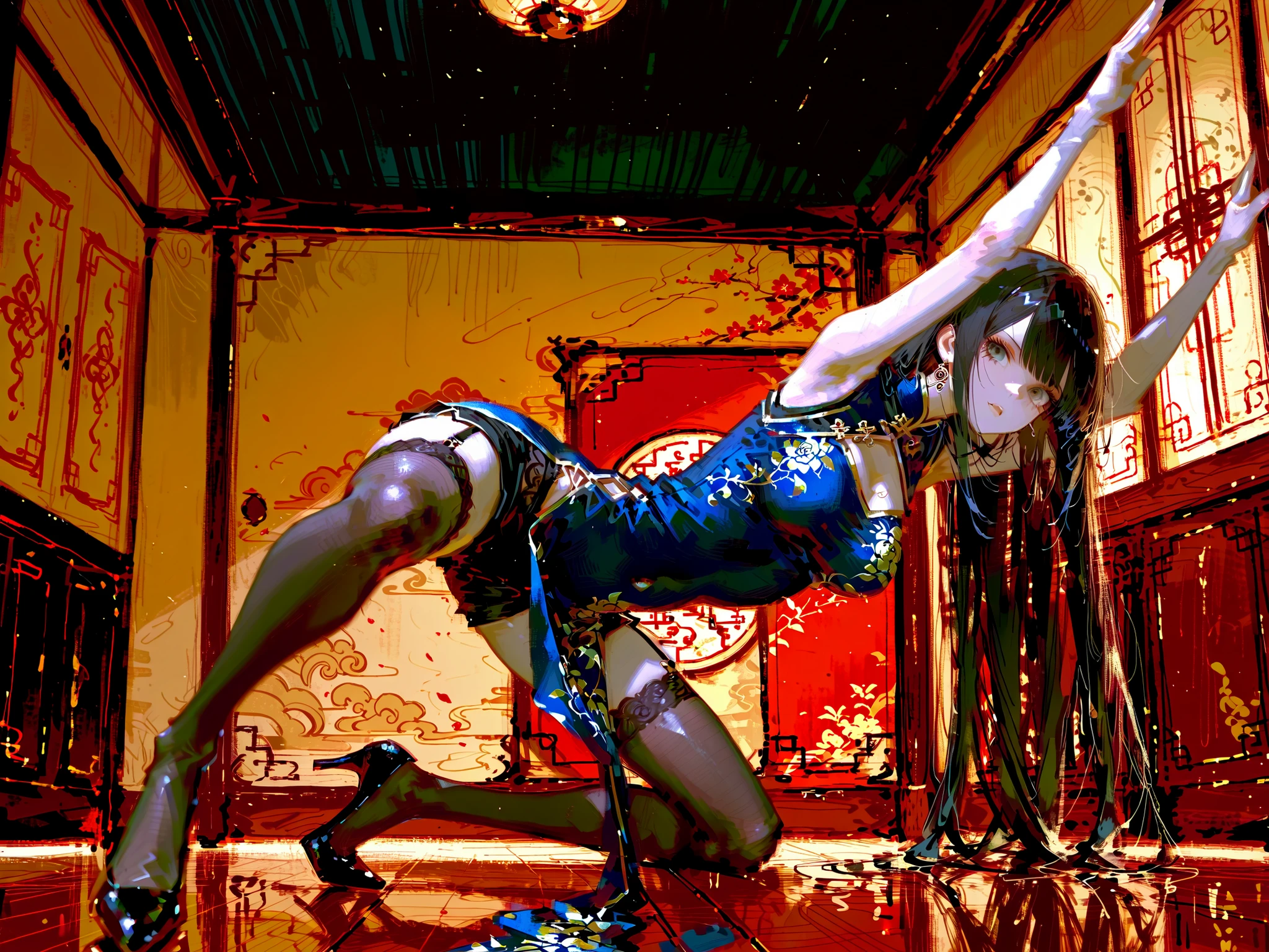 ((detailed eyes)),clear glassy eyes, glassy pupils, detailed highlight in the eyes, (masterpiece, detailed:1.2), highest quality, Ultra High Quality, 40k, solo, Beautiful and delicate girl, ((focus face)),
Extremely long hair, black hair, Diagonally trimmed bangs, trimmed bangs, low tide Long hair, blown eyes, ((perfect eyes)), (medium breasts),
blue China dress with gold floral embroidery, high stockings with garter belt,
black shorts, black high heels,
BREAK.
((extremey low kung fu stance)),. low position, portrait, side view, looking viewer, (Facing viewer), ((all fours, arms up)), open legs, motion effects,
BREAK.
in Chinese restaurant, ((indoors)), crimson wallpaper, dark brown floor,
in the center of a narrow, dilapidated slum alley. Her hair flows dramatically in the wind, enhanced by swirling air currents and dust trails around her, suggesting afternoon sunlight filtering through the haze.  evoking both determination and beauty. 
BREAK,
beautiful background, depth of field, battle atmosphere, ((beautiful dark lighting)),  dark lighting, perspective, (detailed lighting), rim lighting, ((sharp focus)), solo, residential, looking viewer, beautiful light, 22:00, mid night, SFW, Cinematic.