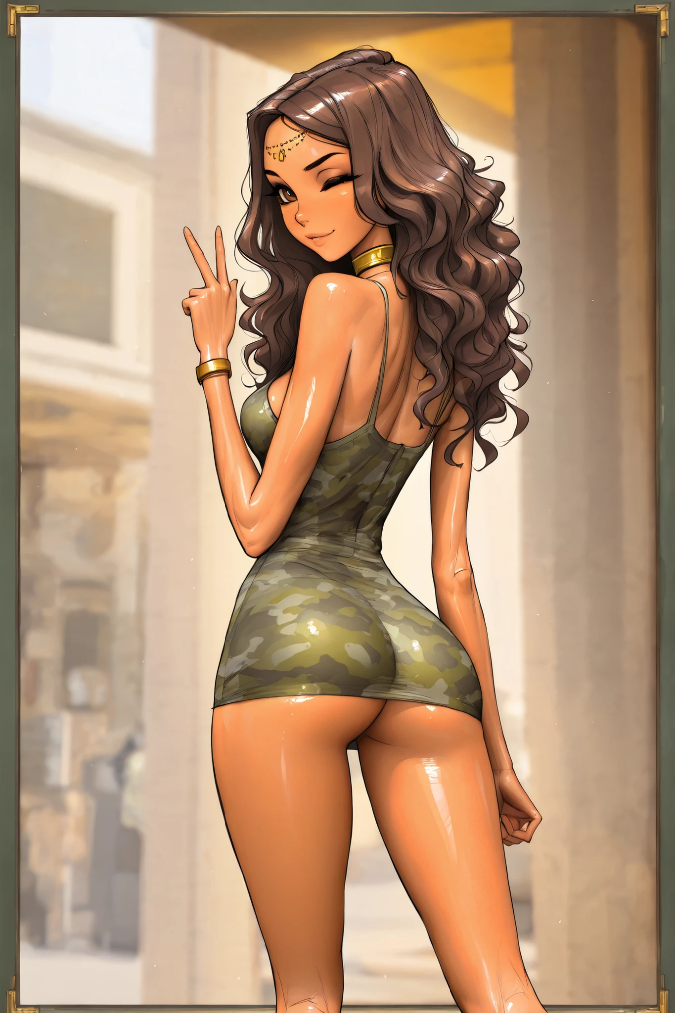 (dark-skinned_female:0.5), masterpiece, best quality, very aesthetic, movie quality, depth of field,soft saturation, focused subject, ,official style, shiny skin, long brown hair, curly hair, curls framing faces, voluminous hair, (dark-skinned female
), athletic body, shirow masamune, sam yang style, oily skin, , streamer, thot, wavy hair,, (slender body, long thin legs), gold choker, gold jewelry, , detailed eyeliner, (big eyelashes, tight camouflage minidress, forehead chain, spaghetti-strap dress,, looking over the shoulder, wink, bubble butt, ass, finger v, leg popped