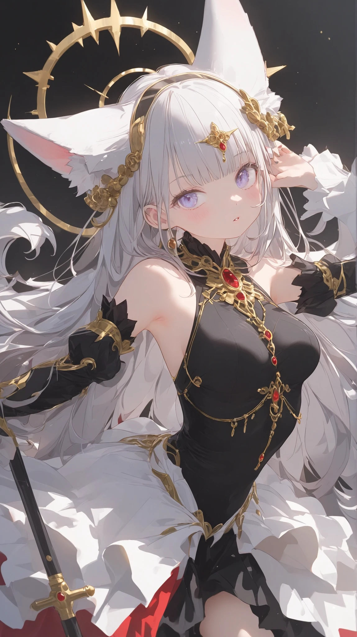 A full-body view of a wolf-human hybrid woman standing confidently against a blurred urban backdrop at twilight. Her wolf ears—tufted with charcoal-gray fur—sit high atop her head, replacing human ears entirely. She wears a form-fitting, midnight-black  with strategic cutouts revealing realistic, textured skin along her shoulders and waist, subtly accentuating her musculature. Her face features sharp lupine contours softened by expertly applied cosmetics: dark mascara intensifies her striking light-blue pupils, while deep burgundy lipstick contrasts against her natural complexion. Silver-tipped fur traces her jawline and forearms, seamlessly blending into human skin at her neck and hands. Her posture is relaxed yet poised, tail sweeping low behind her, completing the fusion of wild elegance and urban allure.