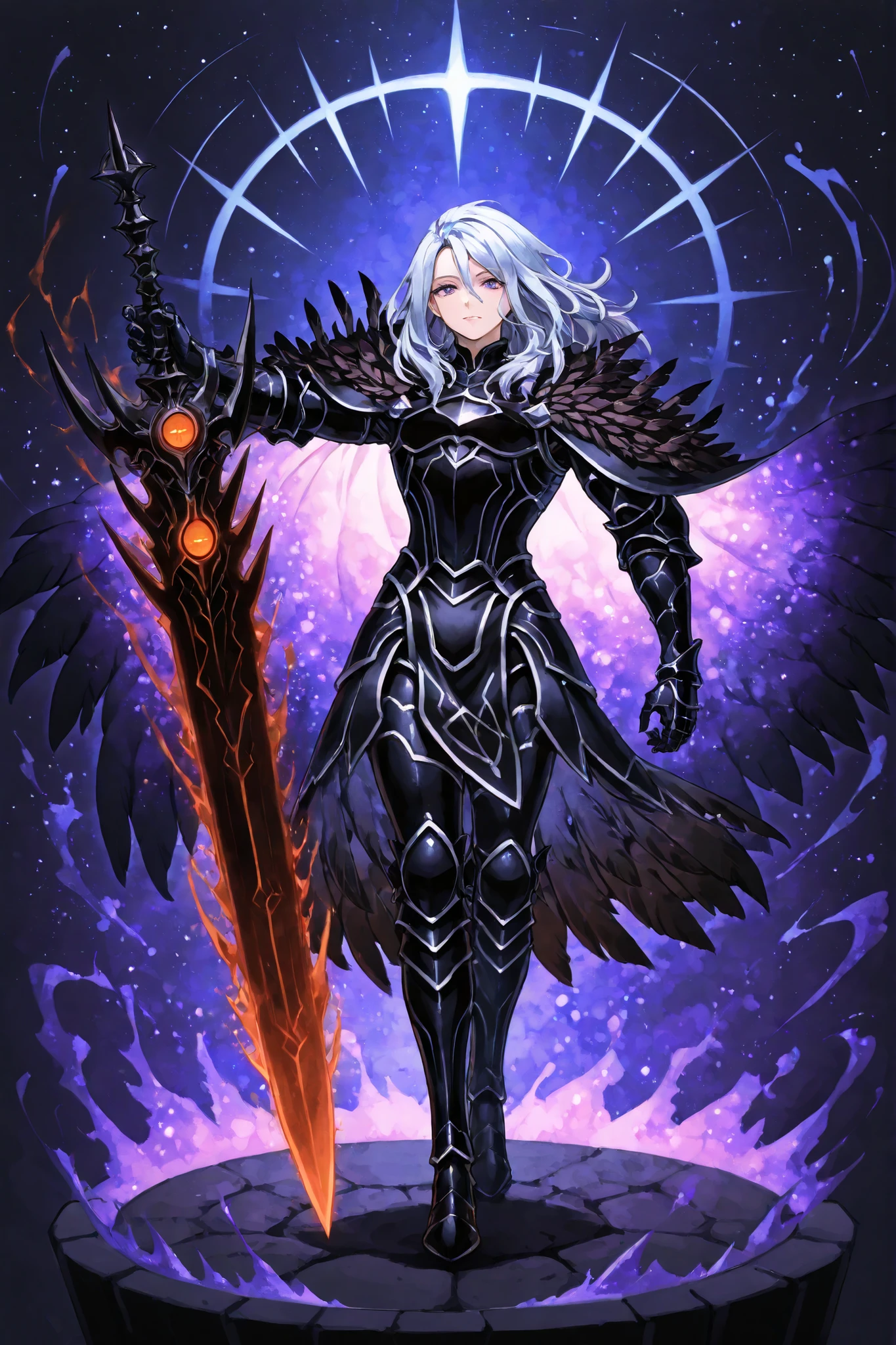 Estilo final fantasy tactics, watercolor shading, hand-painted texture, dynamic pose style , fine line art with delicate shading,A powerful dark knight with long silver hair and bright violet eyes, emanating a dark and majestic aura. He wears detailed black armor, com bordas afiadas, dark feathers on the shoulders and crimson runes that shine with cursed energy. He wields an enormous cursed sword, of a black blade and an incandescent core in red and orange, that seems to pulsate with demonic power. Behind him, cosmic cloth open - made of shadows and starlight, mixing shades of purple, azul e preto.