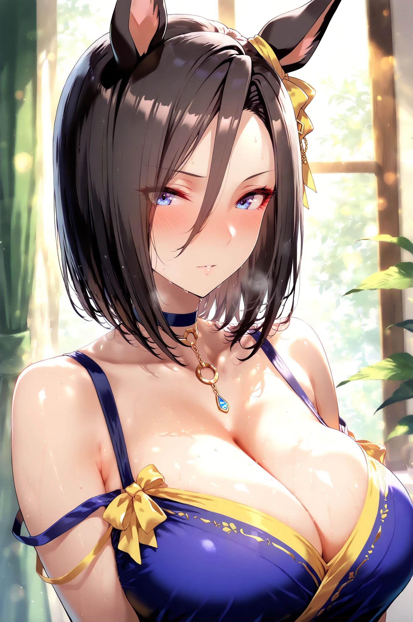 (Masterpiece, BestQuality:1.3), (ultra detailed:1.2), (hyperrealistic:1.3), (RAW photo:1.2), High detail RAW color photo, professional photograph, (Photorealistic:1.4), (realistic:1.4), professional lighting, perfect anatomy, (Big Breasts, (The underboob is visible:1.1):1.5), (blush, detailed face), (cheerful Smile:1.5), (Blue Hair:1.5), Trending Hair&Trending Hairカラーをランダムに, earrings, necklace, bracelet, sexly, erotic sexly, Random sexy gravure poses, (A beautiful woman taking off her silk gown、Smiling seductively in a luxurious bedroom。With short bob、Sexy pose with one shoulder exposed。: 1.3)