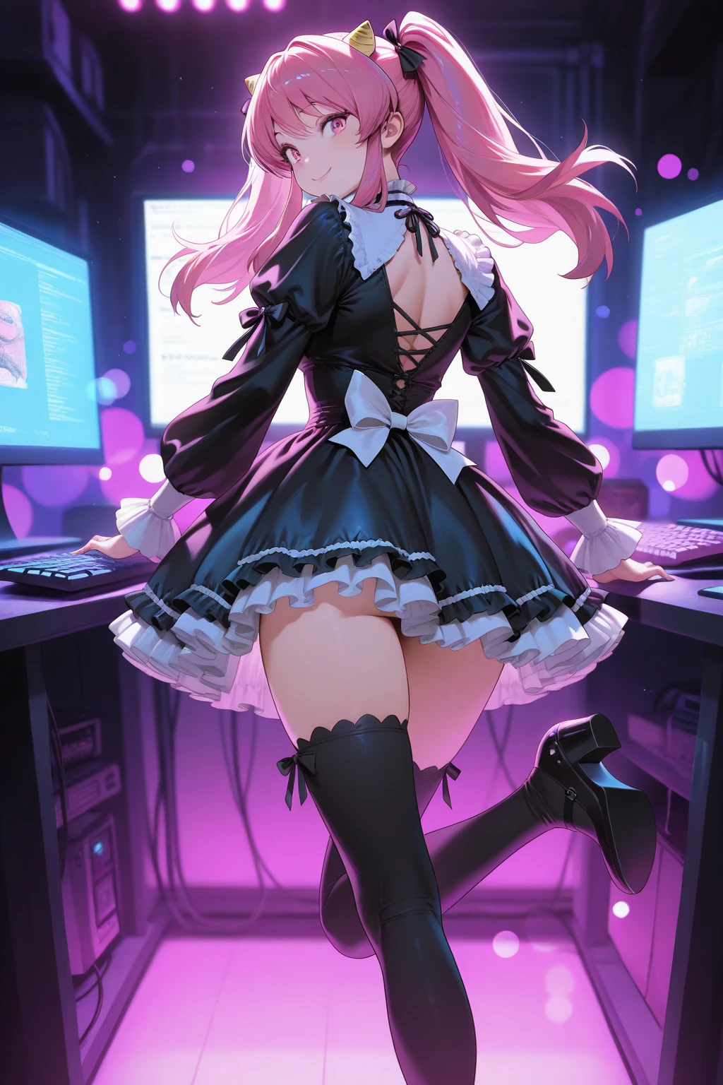 two anime-style women dressed in pink and black are sitting in front of a computer, Anime girls, , Wlop and Sakimichan, two beautiful Anime girls, (sfw) safe for work, trend in cgstation, anime vibes, trend in cgstation, looking from behind, nixeu and sakimichan, guweiz, anime-style Ecchi hips