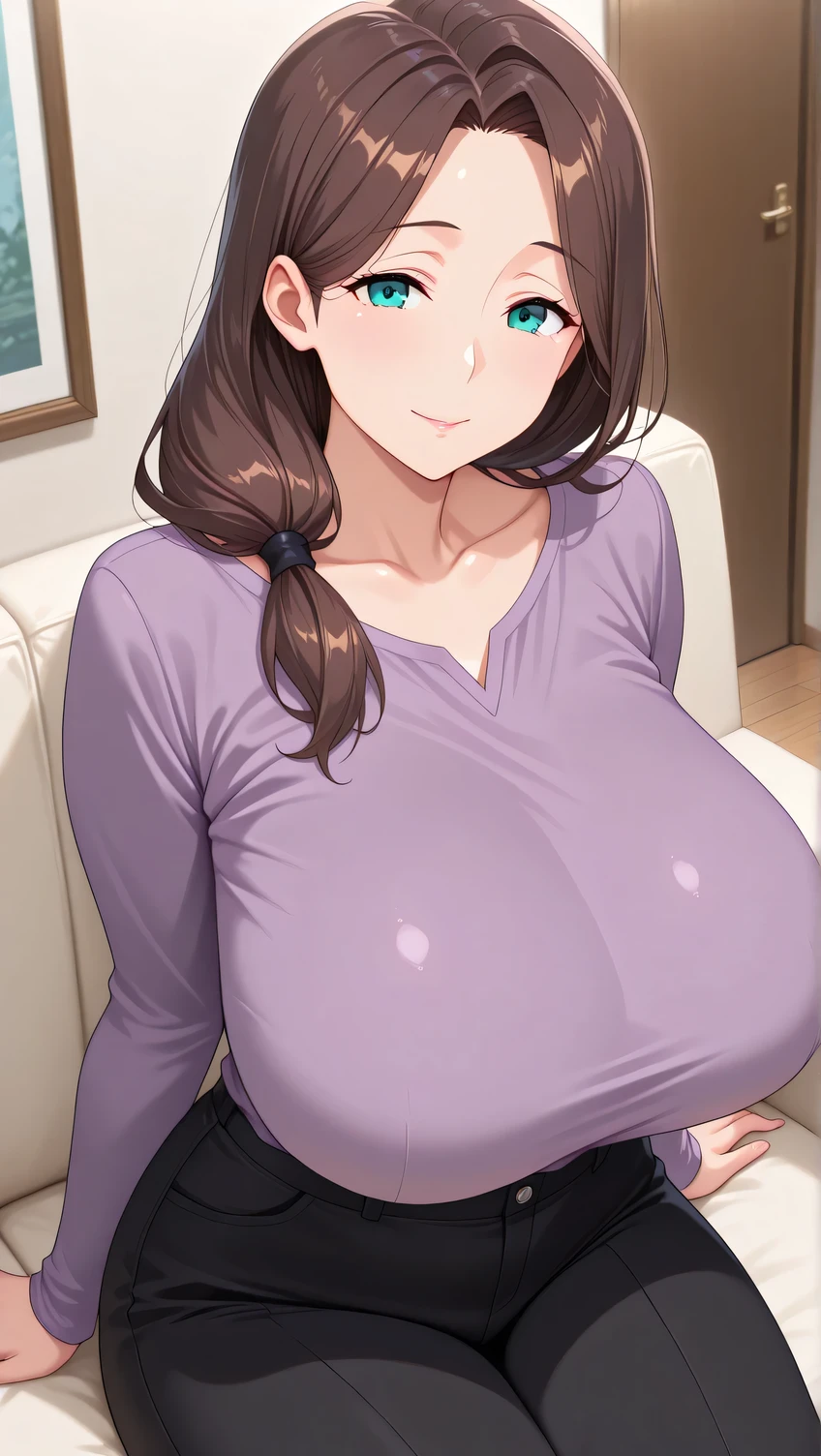 Masterpiece, high detail, very hd, best quality, semirealistis, ray trecing, solo, 1girl, detail face, detail hair, aimom, brown hair, aqua eyes, hair over shoulder, low-tied long hair, mature female,,looking at viewer, huge breasts, beautiful, perfect body,,purple shirt, long sleeves, black pants,,sitting on the sofa, living room,,background detail,