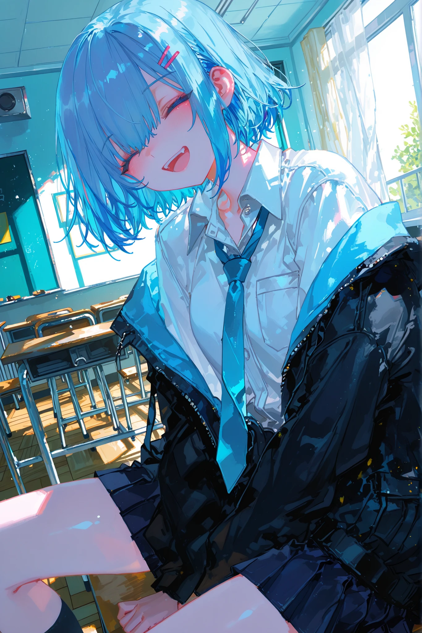Gorgoeus,masterpiece, 最High Quality, High Quality,anime character thief laughing out loud, dynamic angle, lazy position, detailed background, Brilliant Colors, delicate, Indoor, classroom, Viewer over, sitting

, solo, 1girl, short hair, blue hair, hair clip,

, collared shirt, necktie, skirt, pleated skirt, jacket,

,BREAK (by Tianliangduohefandongye), [By quasarcake],