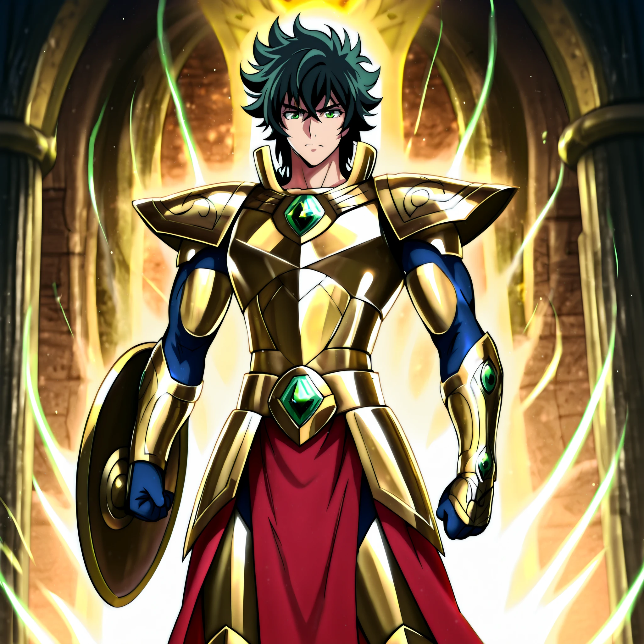Highly detailed anime-style fantasy illustration with vibrant lighting and divine atmosphere.
Naofumi Iwatani from The Rising of the Shield Hero stands proudly wearing the Gold Cloth of Libra, inspired by Saint Seiya. His build is athletic and lean, not overly muscular. He has messy black hair, intense green eyes, and a calm but confident expression.
The Libra Cloth shines in radiant gold with intricate mechanical details on the arms and shoulders, symbolizing balance and justice. His Legendary Shield is integrated into the design, glowing faintly with emerald energy.
Background: a temple of golden pillars, bathed in sunlight and cosmic aura.
Heroic pose. Armor gleaming. Smooth and reflective metal.