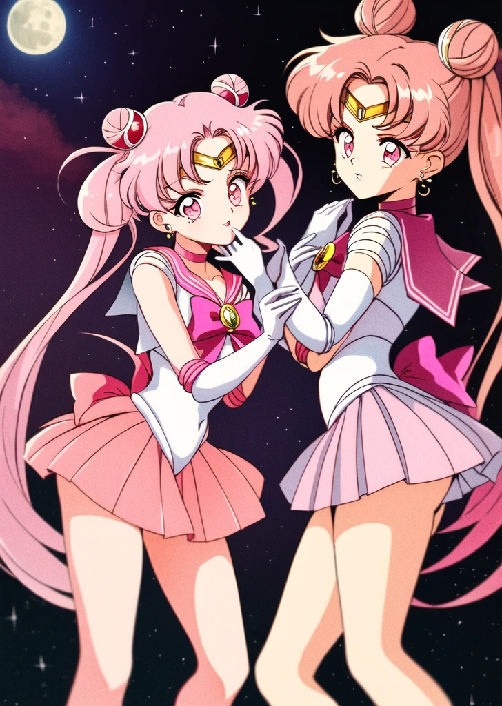 score_9, score_8_up, score_7_up, score_6_up, source_anime, anime coloring,  <lora:by_tempo_gensui-pony-000017:0.8> by Tempo Gensui, brooch, jewelry, tomoe hotaru, multiple girls, purple skirt, chibi usa, heart brooch, 2girls, sailor saturn, sailor senshi uniform, purple sailor collar, pink sailor collar, sailor collar, bow, cone hair bun, pink footwear, skirt, pink hair, black hair, 2girls, standing, holding hands