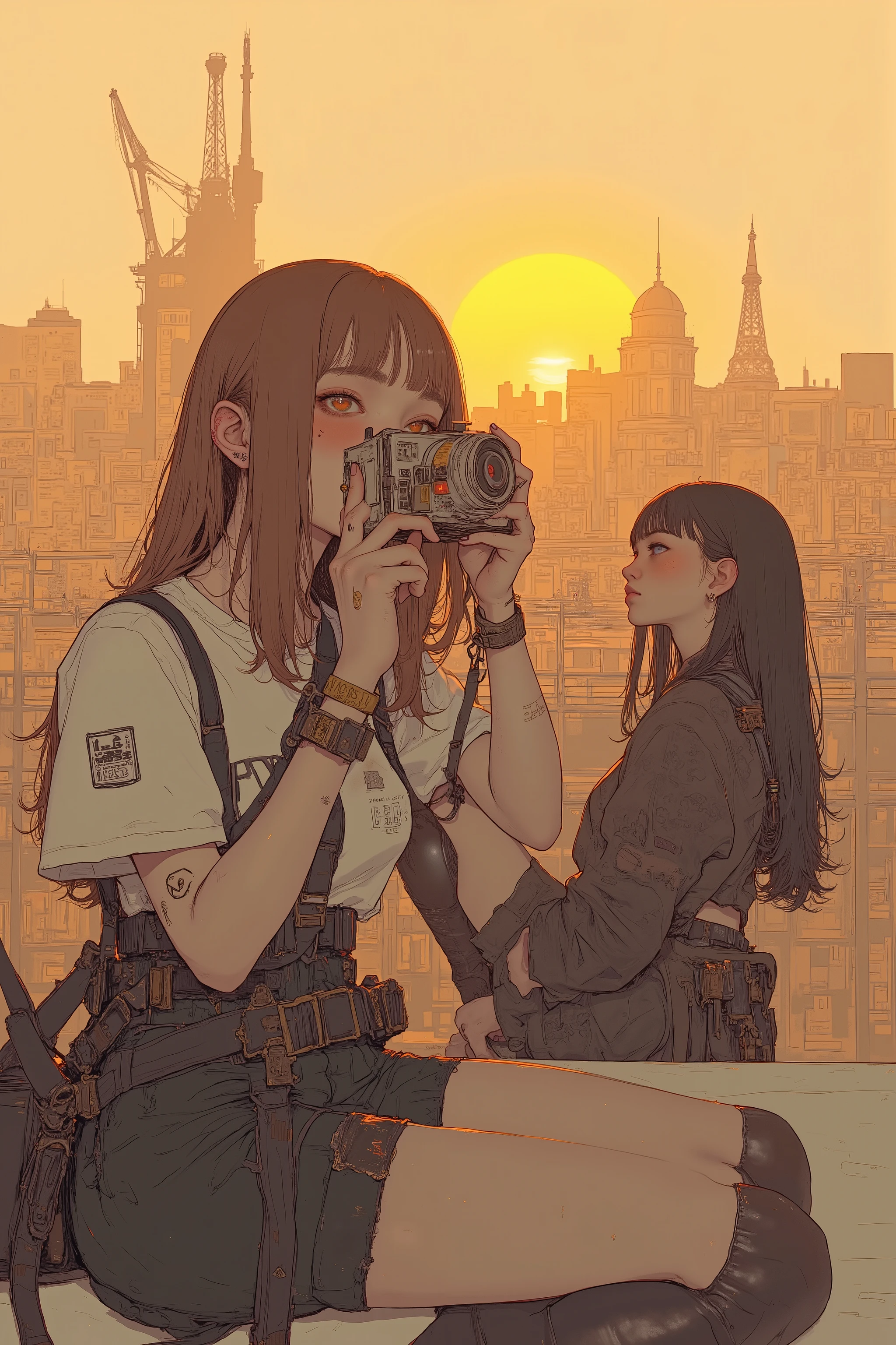 captures a moment of two women wrapped in the warm hues of the sunset,前景に乱れた茶色の髪のlikeい女性が屋上でカメラを構えてシャッターを覗き込む,women capture with side shots,preparing to take a picture with a cityscape with golden buildings that can be seen below,She has a dark blue shirt and dark shorts,wearing casual clothes, her concentrated expression,suggests strong interest in her surroundings,Another woman sitting in the background,2nd half of the 10th generation,Hall々I'm sitting with ,long black hair flowing in the breeze, and ,showing the end of school,Moments after school,in soft pastel colors Silhouettes of industrial structures and cranes are drawn against the sky,The atmosphere is calm,like々Spontaneity,a perfect blend of youth and the gentle transition from day to night,A play of light and shadow ,quiet beauty,losing hair in the wind Expressing a pleasant breeze, fantastic painting ,drawing in a style that combines anime and oil painting,nostalgia for time passing by, Refreshing summer,Anime aesthetics, low fi illustration style, Lo-fi art, dreamlike illustration