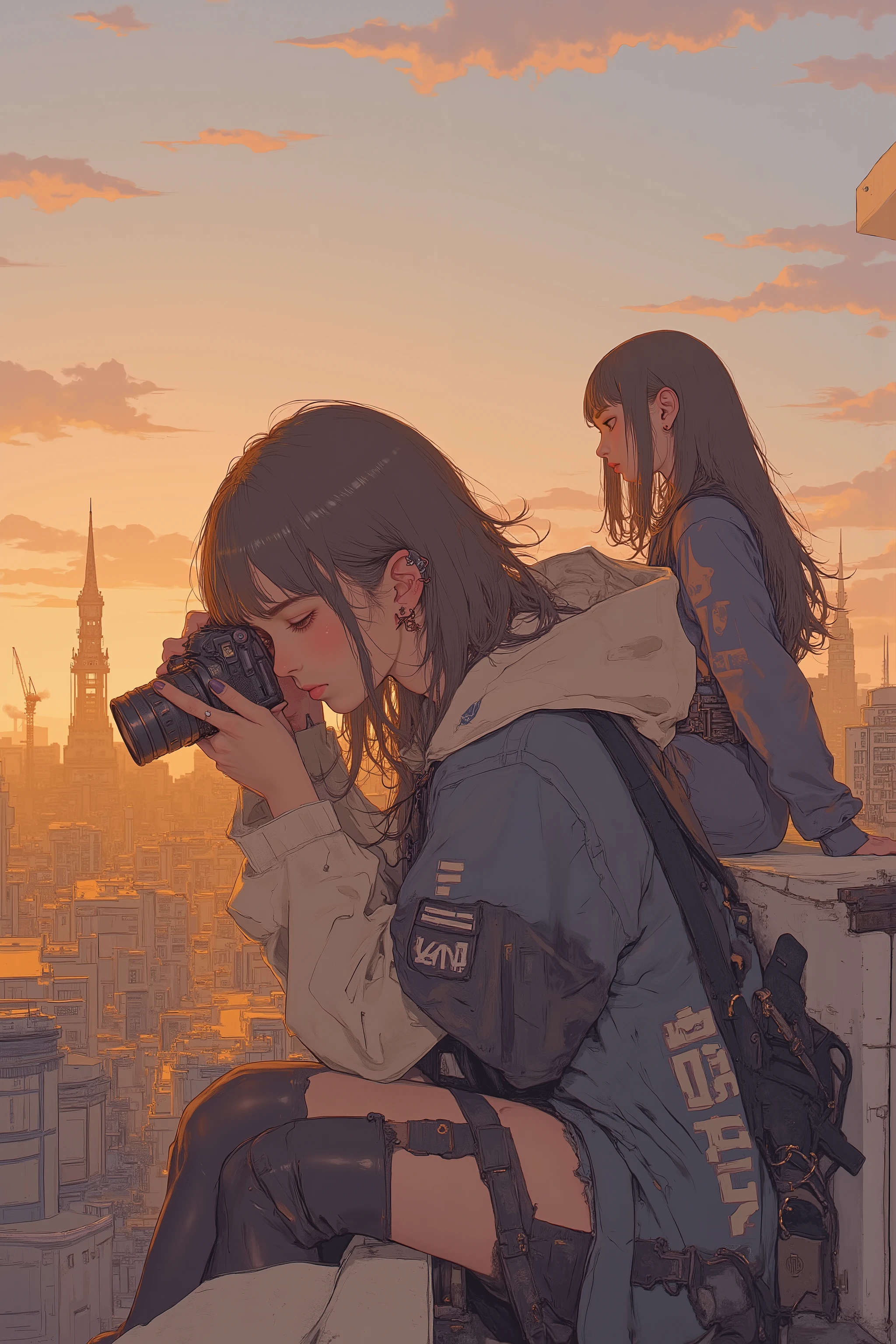 captures a moment of two women wrapped in the warm hues of the sunset,前景に乱れた茶色の髪のlikeい女性が屋上でカメラを構えてシャッターを覗き込む,women capture with side shots,preparing to take a picture with a cityscape with golden buildings that can be seen below,She has a dark blue shirt and dark shorts,wearing casual clothes, her concentrated expression,suggests strong interest in her surroundings,Another woman sitting in the background,2nd half of the 10th generation,Hall々I'm sitting with ,long black hair flowing in the breeze, and ,showing the end of school,Moments after school,in soft pastel colors Silhouettes of industrial structures and cranes are drawn against the sky,The atmosphere is calm,like々Spontaneity,a perfect blend of youth and the gentle transition from day to night,A play of light and shadow ,quiet beauty,losing hair in the wind Expressing a pleasant breeze, fantastic painting ,drawing in a style that combines anime and oil painting,nostalgia for time passing by, Refreshing summer,Anime aesthetics, low fi illustration style, Lo-fi art, dreamlike illustration
