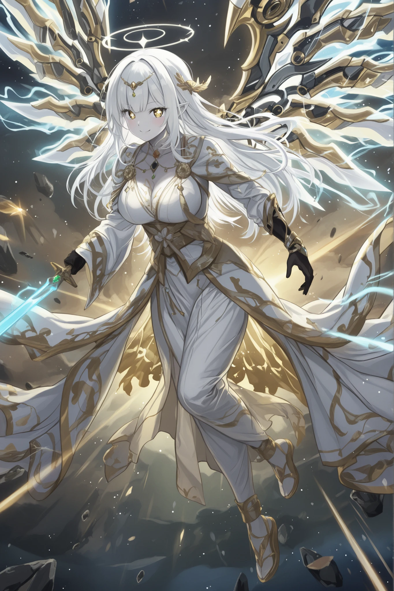 high image quality、High Quality、(anime style illustration)、beautiful woman、white hair、Long hair、Pure White Skin、((Gemstone Eye that shines like a golden jewel))、右手にgod刀を構えている、Wearing Light、moonlight、Black Long Glove、 kimono、Pure White Battle Outfit、Haori、god刀、god々Seems、Great sword、The blade that emits light、Japanese-style fantasy、Smile、（A luxurious and complex mechanical wing unfolds、 Colorful halo、Detailed Flash、As energy flows、Wings Cross Forward、Wrapping around the body)、No Body Contact