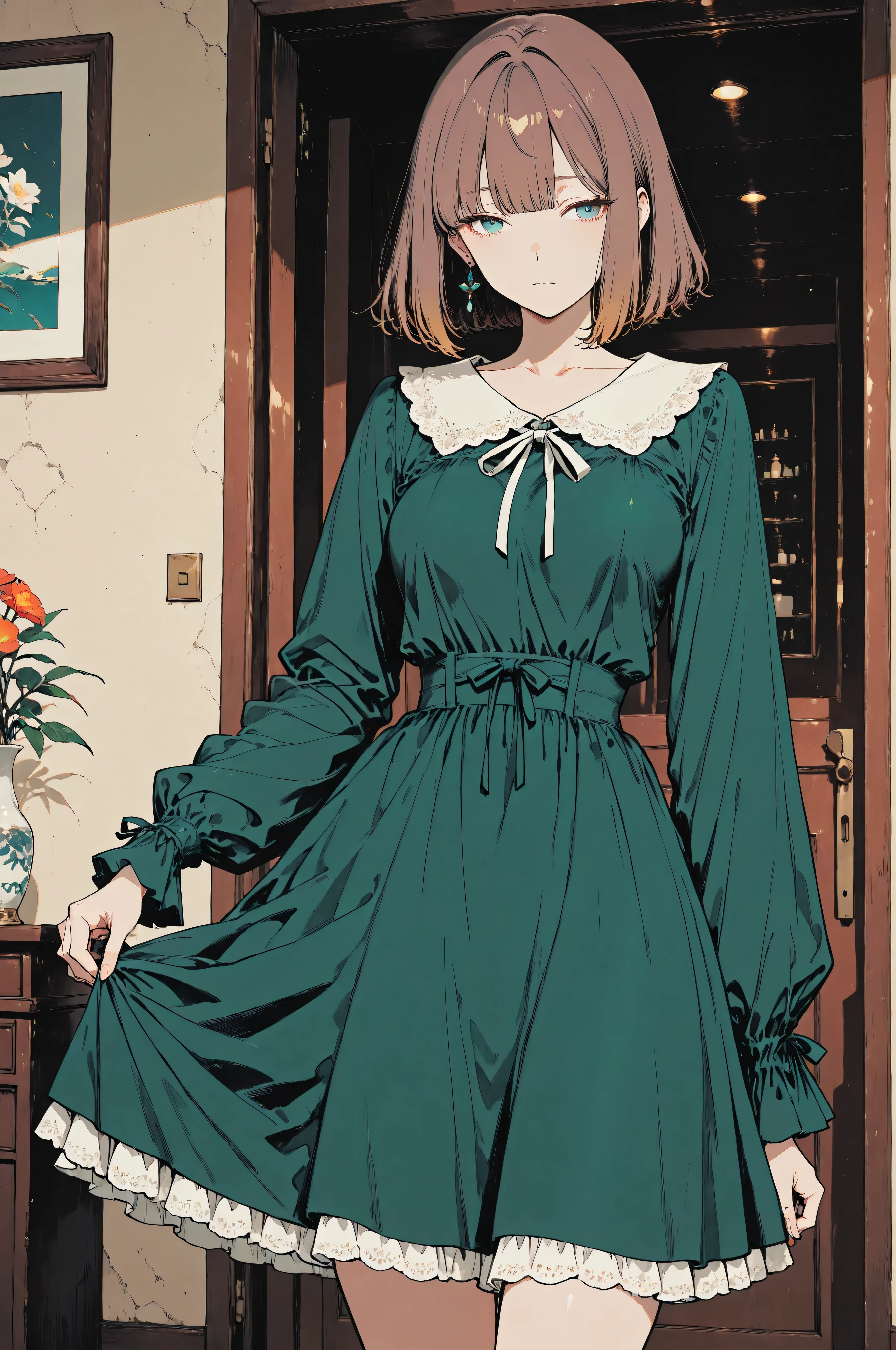womanhood, Mochizuki Keifu Movie Anime Style Illustration, Limited Clean and Refined Colors, sophisticated palette. womanhood가 수줍게 웃고 있다: short brown hair , 髪の毛が一本ある., is wearing a green dress, Gentle Poses Conveying Kindness. first half of 30、married woman