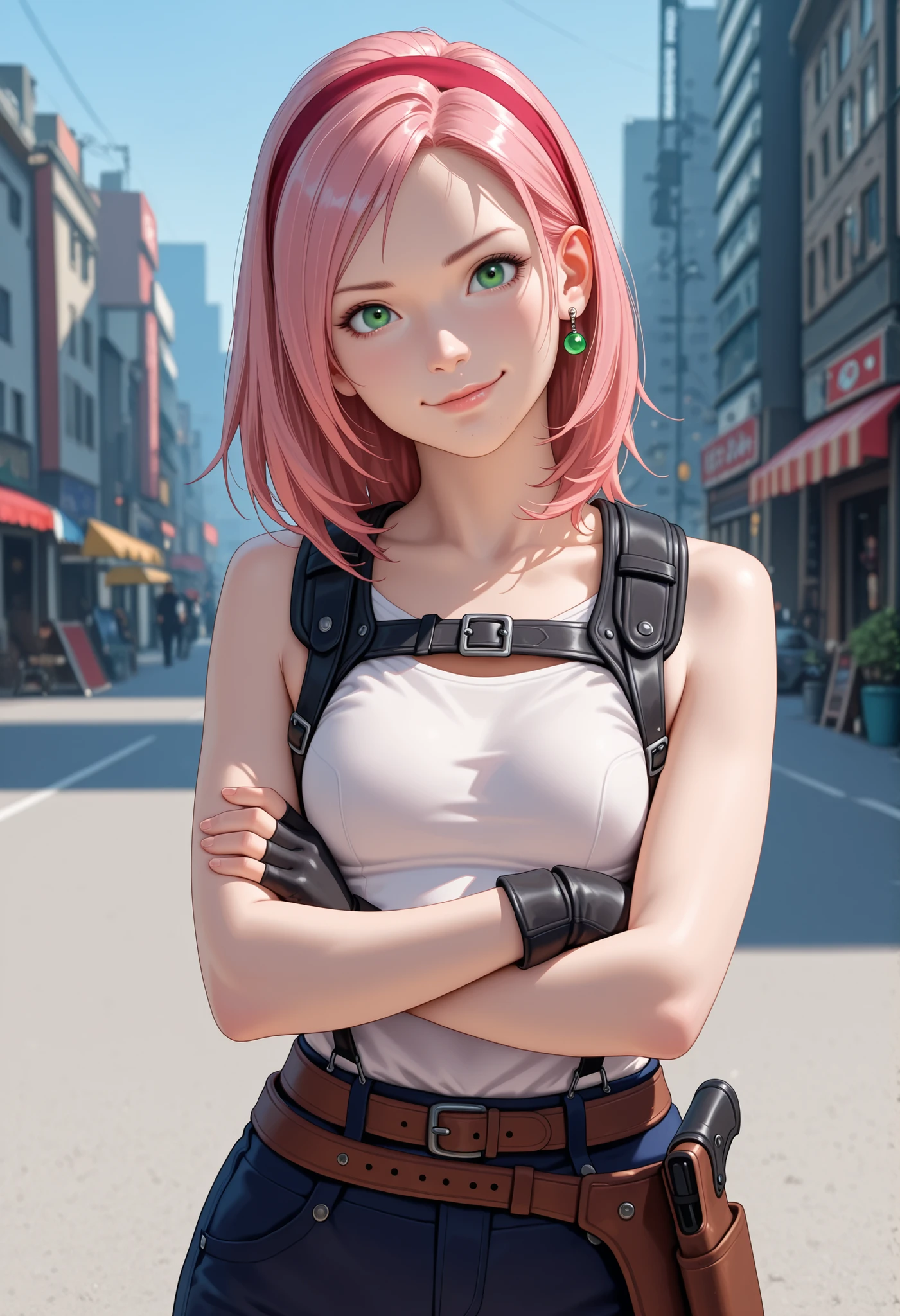 Sakura Haruno. small breasts, huge hips, pink hair, medium hair, light green eyes, thin lips, very fair skin, big forehead.| masterpiece, best quality, newest, perfect quality, best quality, detailed background, intricate details, girl focus, realistic, solo, 7biggs, 1girl, stubble, headband, single earring, shirt, harness, holster, gloves, fingerless gloves, crossed arms, head tilt, looking at viewer, smirk, outdoors, city, final fantasy 7, ff7