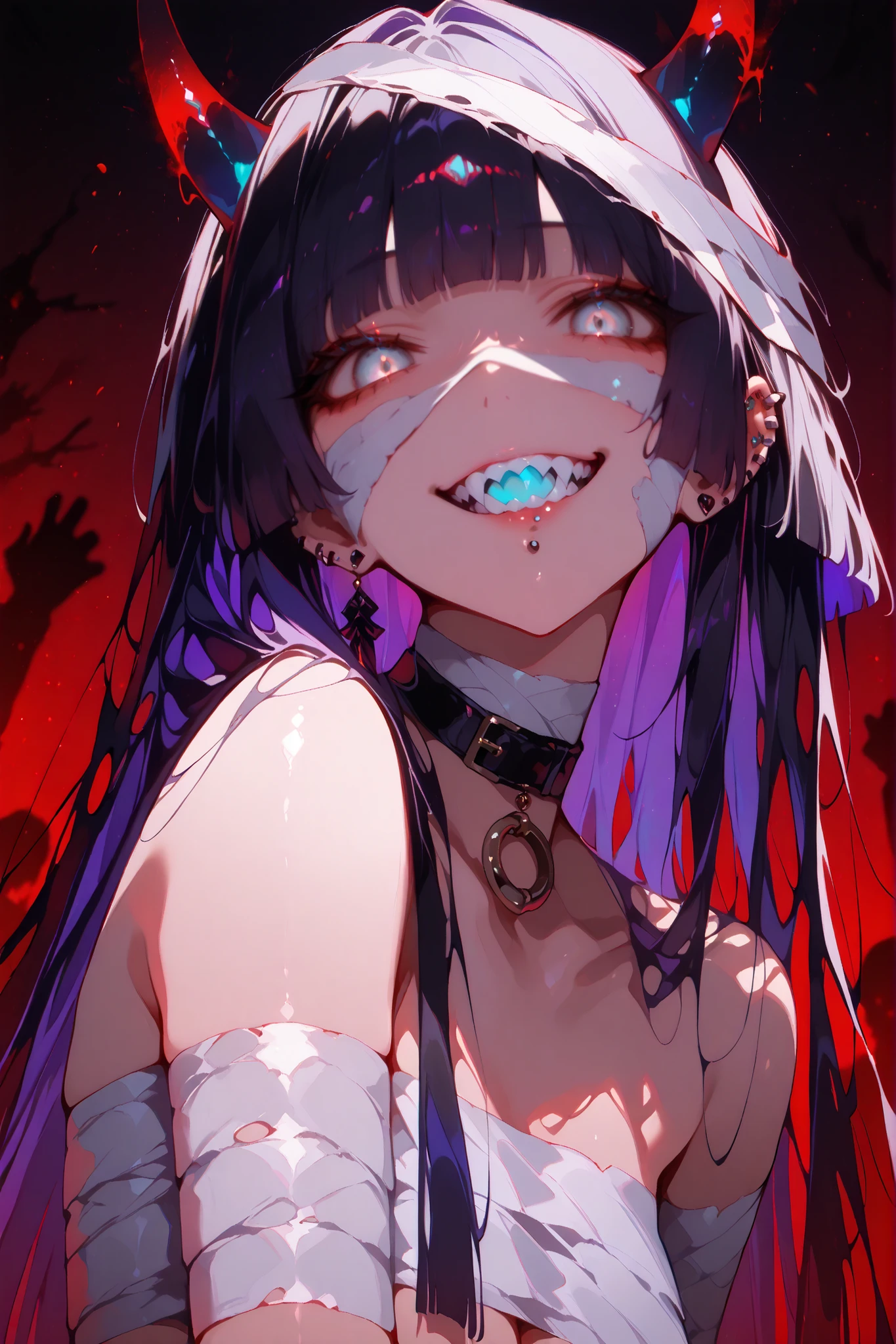 black choker, choker, gothic, pasan, black hair, blunt bangs, blunt ends, chin piercing, colored inner hair, ear piercing, grey eyes, hime cut, long hair, medium bangs, multicolored hair, piercing, purple hair,yandere,glowing eyes, wide smile, sharp teeth, glowing teeth, blue eyes, red theme, glowing horns,vibrant colors, silhouette, insane, dark art, madness,naked bandage,