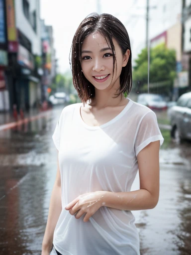 1 Japanese beautiful girl,28yo girl, Super beautiful detailed face, (smile:1.4), earrings, (brown medium straight hair style:1.4, bangs),(front view), (medium shot), (chubby body), (neutral-colored large ??????),???????, BREAK, masterpiece, best quality, ultra quality, high quality, realistic, photo realistic, RAW photo, hyper detailed, intricate detaile,(crowded street:1.3),cinematic lighting,(denim shorts),(??????),wetshirt,white T-shirt,wet hair, ((dark cloud and sky)), raining, (rain filtered), (rain splashes in water),(lightning:1.4),(raindrops:1.1),(downpour:1.2),(raining:1.3),??????? poking through shirt,
