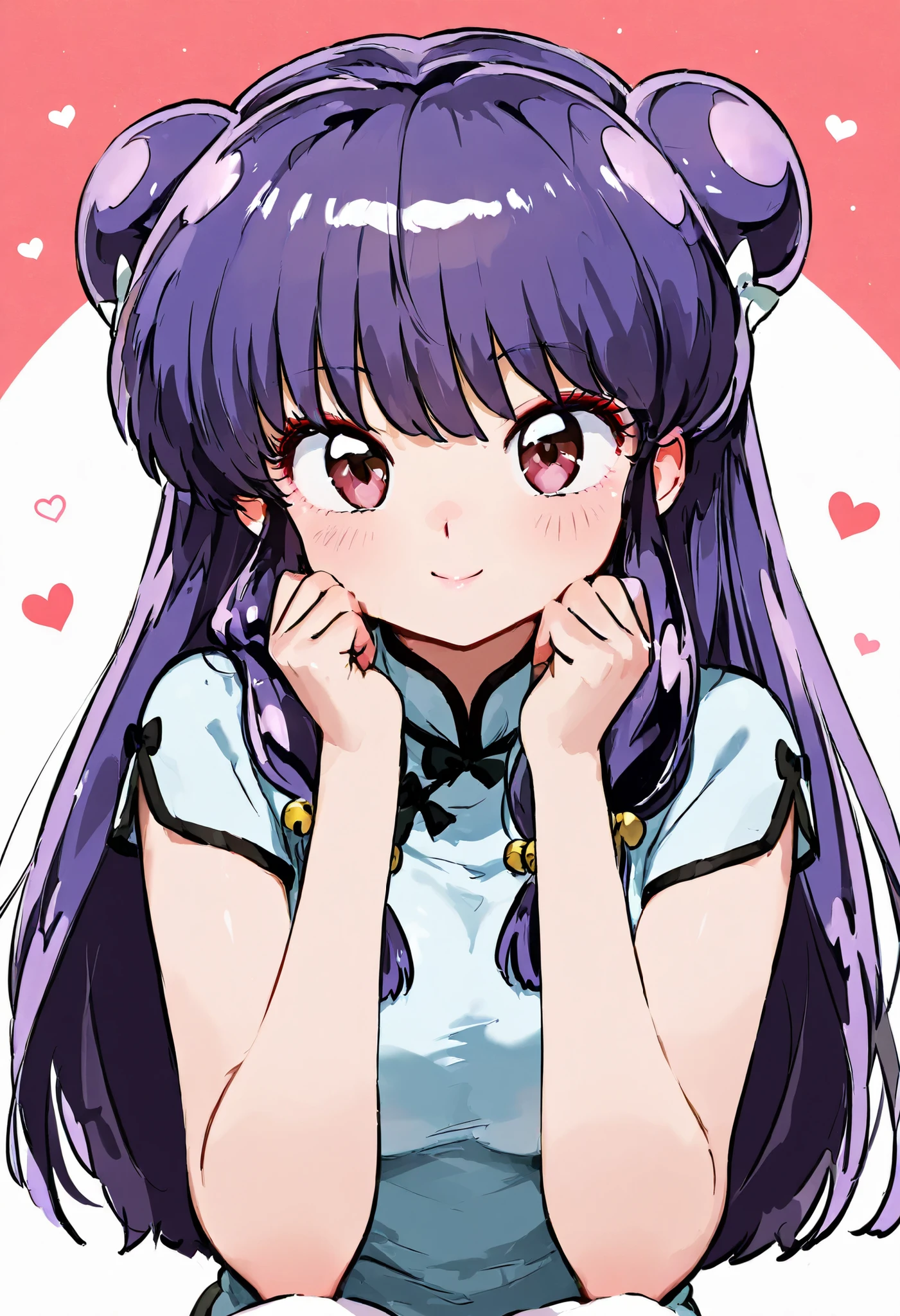 masterpiece, top quality , perfect face, Highest Resolution, 8k, 1 girl,  shampoo  (Ranma 1/2),  young,  red eyes,  long hair,  purple hair, Detailed depiction of bun knot hair ,  red eyeshadow ,  china dress, lite blue ,  I love you, A face in love, 