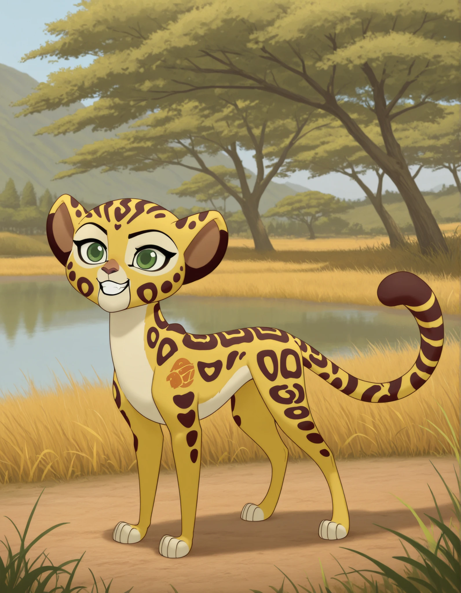 best quality, high res, very aesthetic, realist, masterpiece,
(solo:1.1), 
1girl, Fuli, feral, cheetah, green eyes, ears, tail, young, child, cub, short neck, small head
Mark_of_the_Guard, 
standing, grin, posing, 
savannah, trees, lake, 
full body shot, 