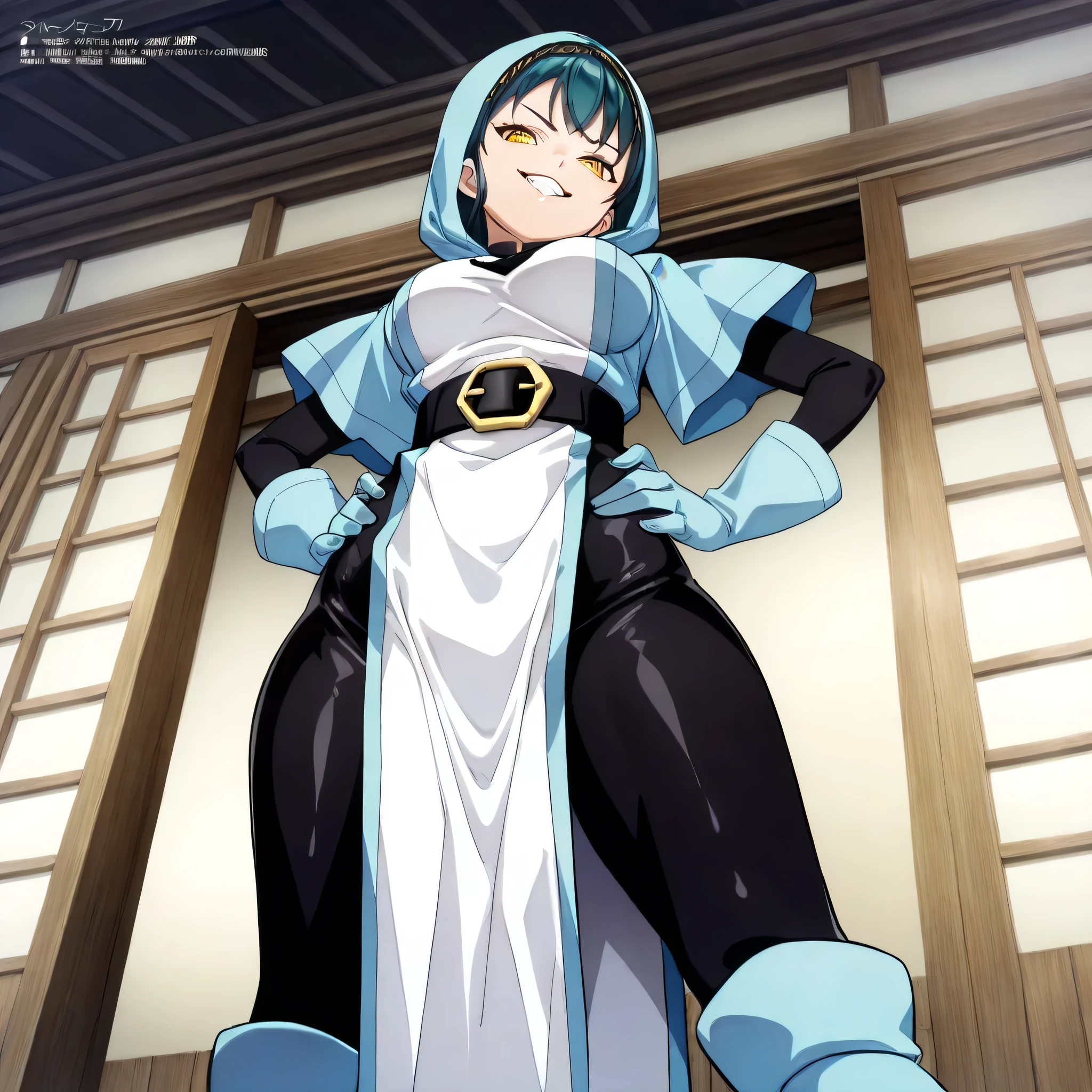 (((Masterpiece))), (((Best Quality))), ((Super Detail)), ultra-High resolution, score_9,score_8_up,score_7_up,score_6_up,score_5_up,score_4_up, BREAK, source_anime, anime screencap, uncensored, Masterpiece, (absurdres), (detailed background), (very aesthetic), detailed beautiful eyes, outstanding, an exquisite animation illustration, curvy, highres, dark persona, (((hood, hood up))), bodysuit under clothes, black bodysuit, light blue surcoat, light blue shirt, short sleeves, black sash, light blue gloves, light blue boots, (((solo, 1girl))), hair ornament, seductive pose, submissive pose, anime style, anime coloring, animification, megami magazine, sexy pose, medium breasts, tbzuma, yellow eyes, hairband, dark teal hair, wide hips, bangs, smile, grin, smirk, teeth, hands on hip, looking from below, view from below, from below, japanese architecture, standing, tilt head, head tilt, contrapposto