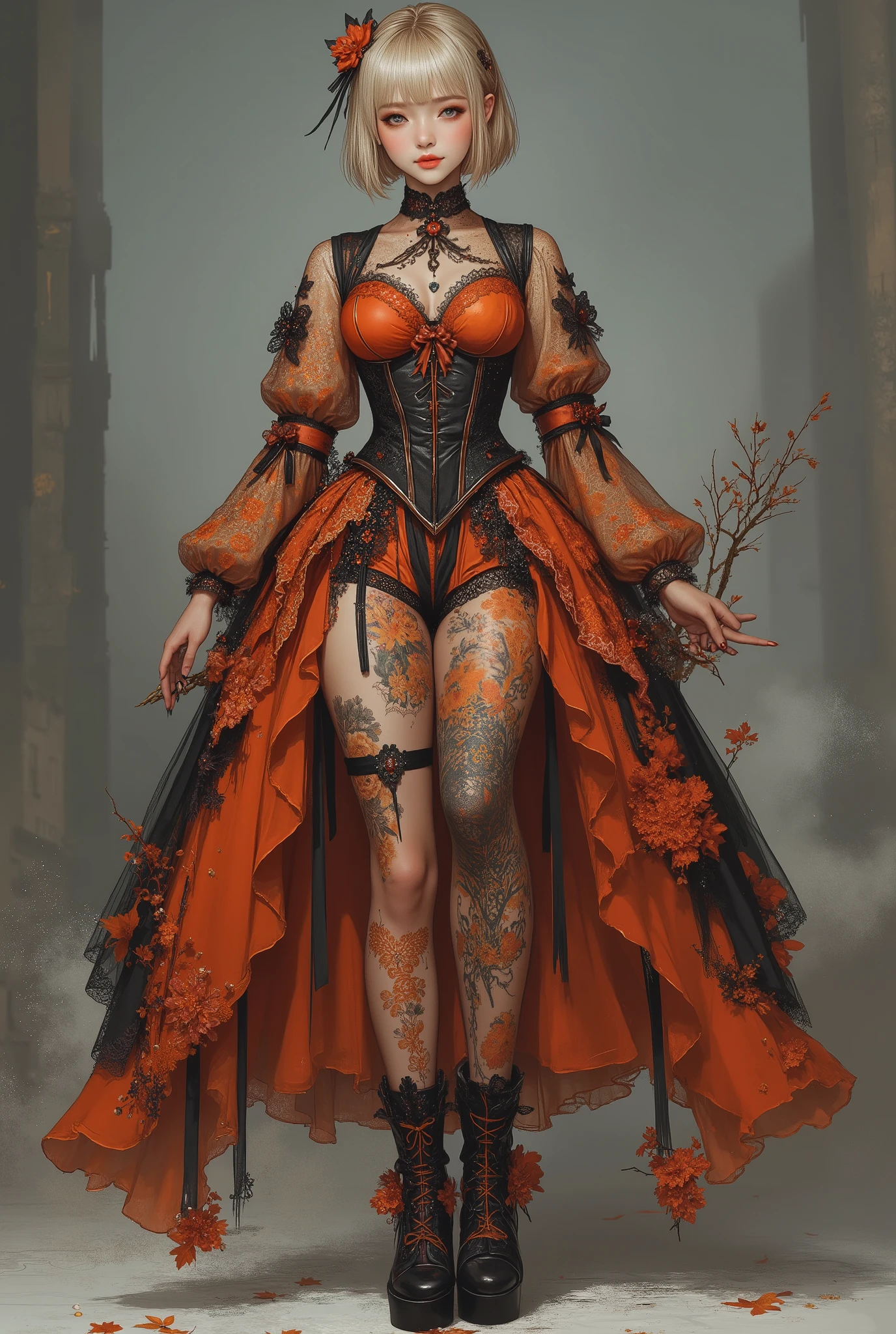 、前髪ぱっつん金髪ショートボブのオリエンタル美女、
autumn Lolita fashion, ultra-mini tutu-like skirt with many layered frills, decorated with many ribbons, colorful autumn palette (yellow, orange, red, black), corset bodice with ribbon bows, skirt layers with ribbon details, sheer black lace sleeves with floral patterns, transparent effect, cosmos flower choker with ribbons, cosmos ribbon hair accessories, black lace thigh-high stockings with cosmos flower and ribbon patterns
black lace-up platform heels, decorated with ribbon bows, glossy finish, ankle straps with small cosmos flower accents, lace details around the edges, elegant yet cute gothic lolita shoes、最高クオリティ、豪奢ゴシックアクセサリーで飾る