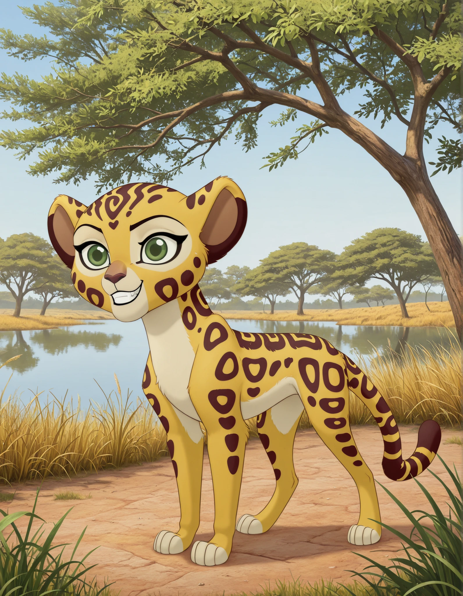 best quality, high res, very aesthetic, realist, masterpiece, (solo:1.1), no human, 1girl, Fuli, feral, cheetah, green eyes, ears, tail, young, child, cub, Mark_of_the_Guard, standing, grin, posing, savannah, trees, lake, full body shot, 