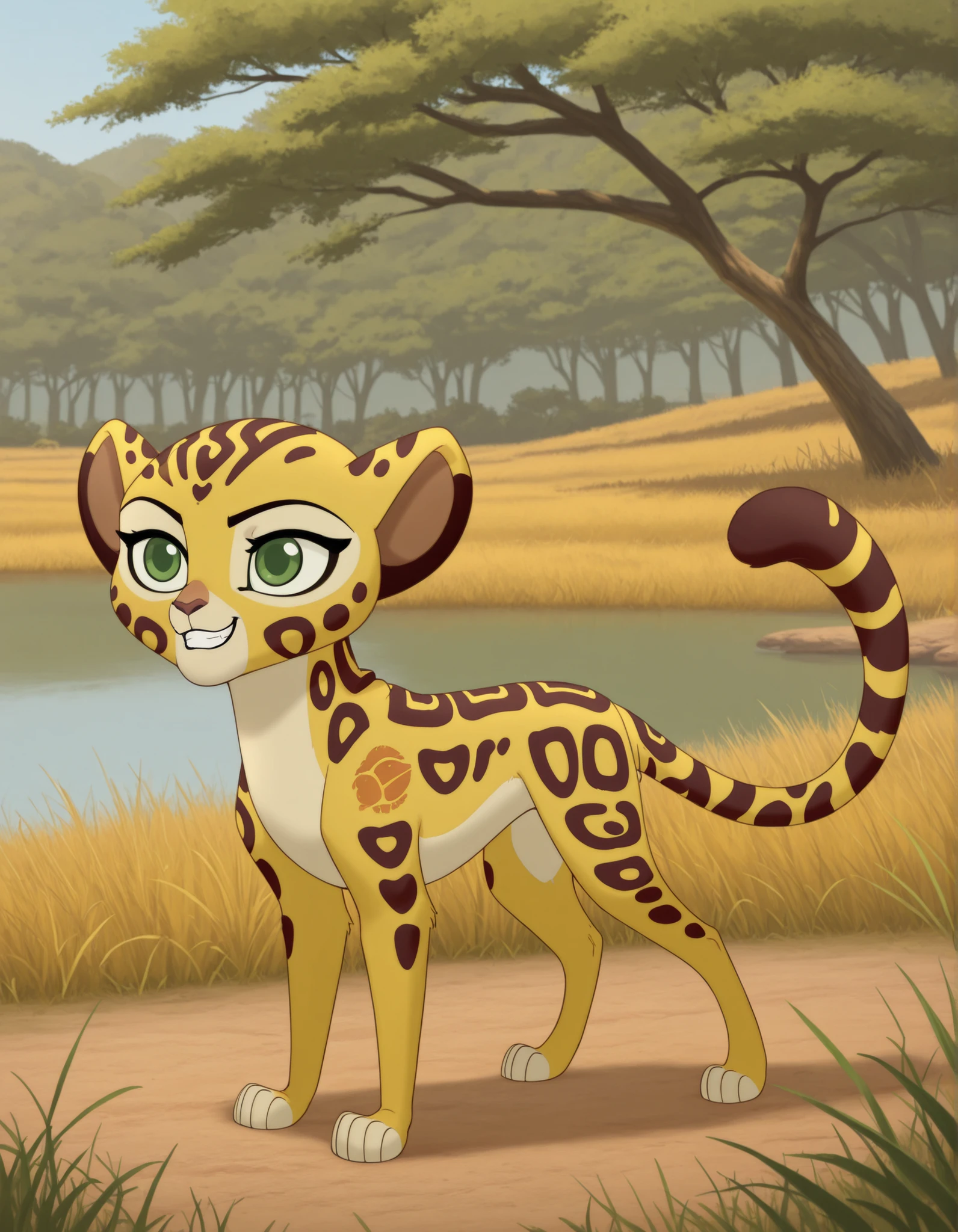 best quality, high res, very aesthetic, realist, masterpiece, (solo:1.1), no human, 1girl, Fuli, feral, cheetah, green eyes, ears, tail, young, child, cub, Mark_of_the_Guard, standing, grin, posing, savannah, trees, lake, full body shot, 