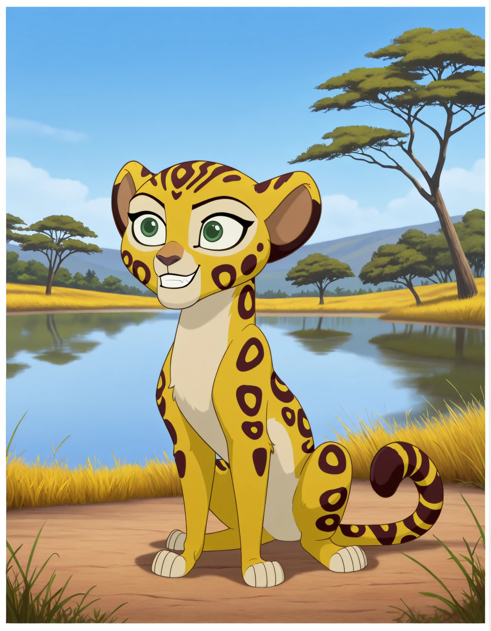 best quality, high res, very aesthetic, realist, masterpiece, (solo:1.1), no human, 1girl, Fuli, feral, cheetah, green eyes, ears, tail, young, child, cub, Mark_of_the_Guard, standing, grin, posing, savannah, trees, lake, full body shot,