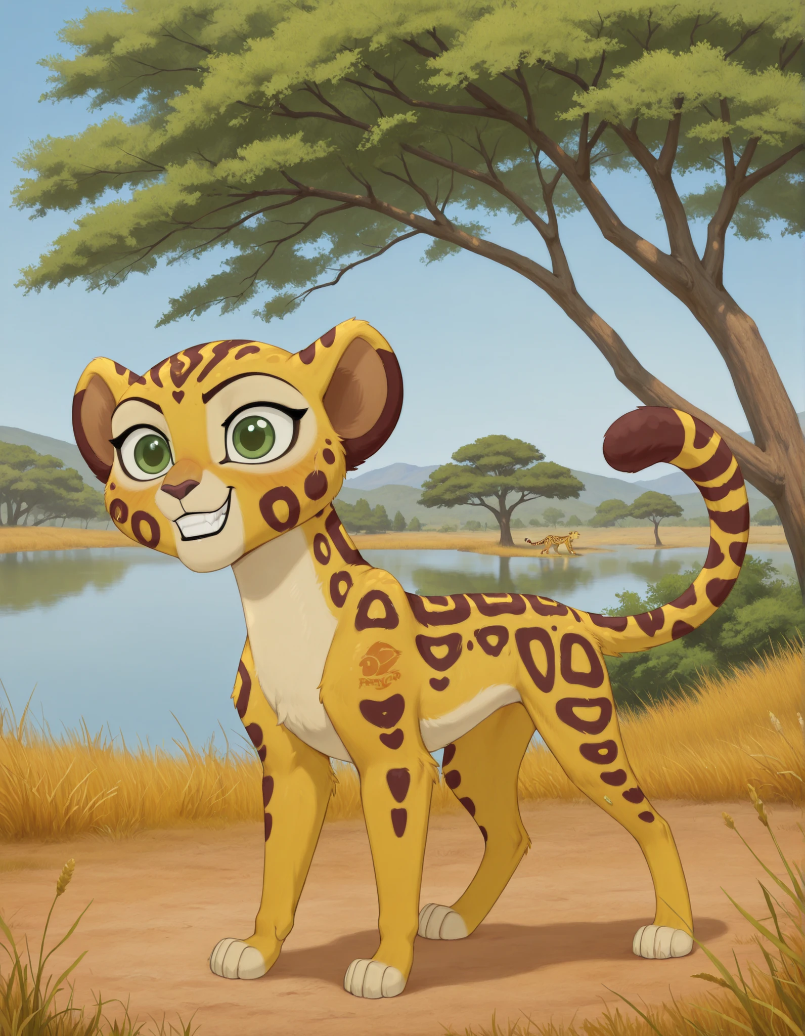 best quality, high res, very aesthetic, realist, masterpiece, (solo:1.1), no human, 1girl, Fuli, feral, cheetah, green eyes, ears, tail, young, child, cub, Mark_of_the_Guard, standing, grin, posing, savannah, trees, lake, full body shot,