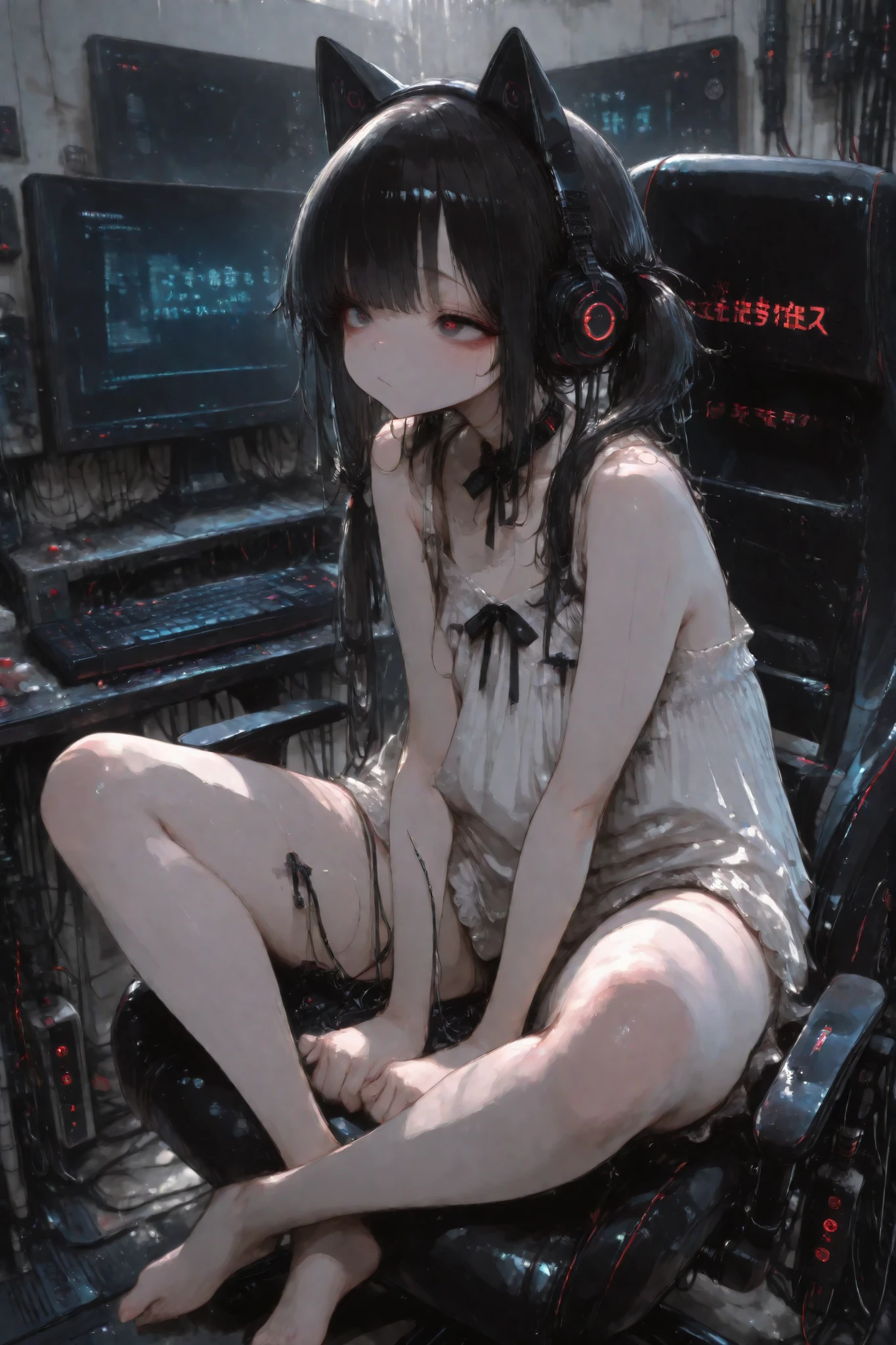 sitting cross-legged,Lovely_Chu,, , detail, (masterpiece), (最High Quality), (Super Detailed), original, masterpiece, 最High Quality, silly, Newest, Very Aesthetic, High Quality, high resolution, Sensitive, high resolution, Super Detailed, Best Anatomy, HDR, 8k, Highly Detailed RAW Color Art, high contrast
1 girl, Dark Haired、Let's draw elementary school students、cute underwear、twin tails、computer、Private room、many monitors、cute hacker、cables are spread all over the room、デスクトップcomputerが何台も置かれている、Cute Gaming Keyboard、there are many、computer画面だらけ、Gaming Chair、PinkEye、cyberspace、 Bad face 、乱雑にcomputer機器が置かれている、Beautiful computer with multiple CRTs in the white camisole below、、Thick cables arranged vertically and horizontally、evil expression、Warning device with red rotating light、 、cat ear headphones、chupa chups、cross the other side、Holding candy、opens legs