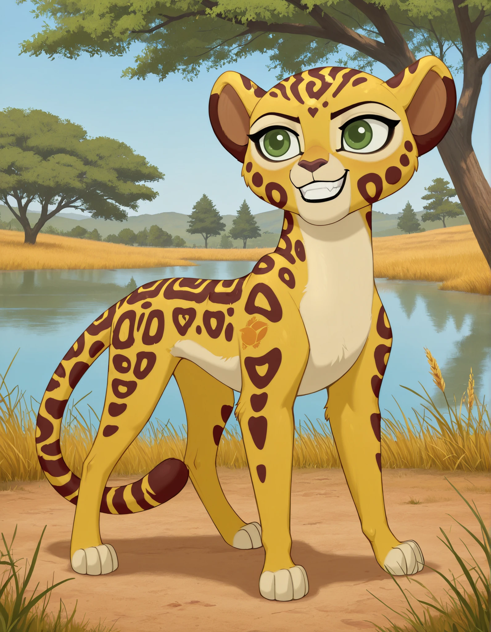 best quality, high res, very aesthetic, realist, masterpiece, (solo:1.1), no human, 1girl, Fuli, feral, cheetah, green eyes, ears, tail, young, child, cub, Mark_of_the_Guard, standing, grin, posing, savannah, trees, lake, full body shot, 