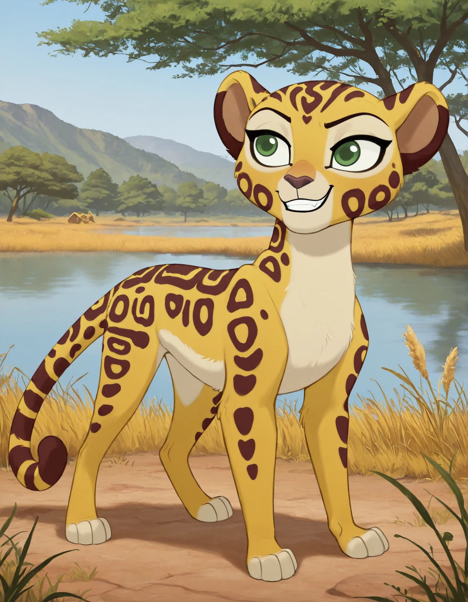 best quality, high res, very aesthetic, realist, masterpiece, (solo:1.1), no human, 1girl, Fuli, feral, cheetah, green eyes, ears, tail, young, child, cub, Mark_of_the_Guard, standing, grin, posing, savannah, trees, lake, full body shot, 