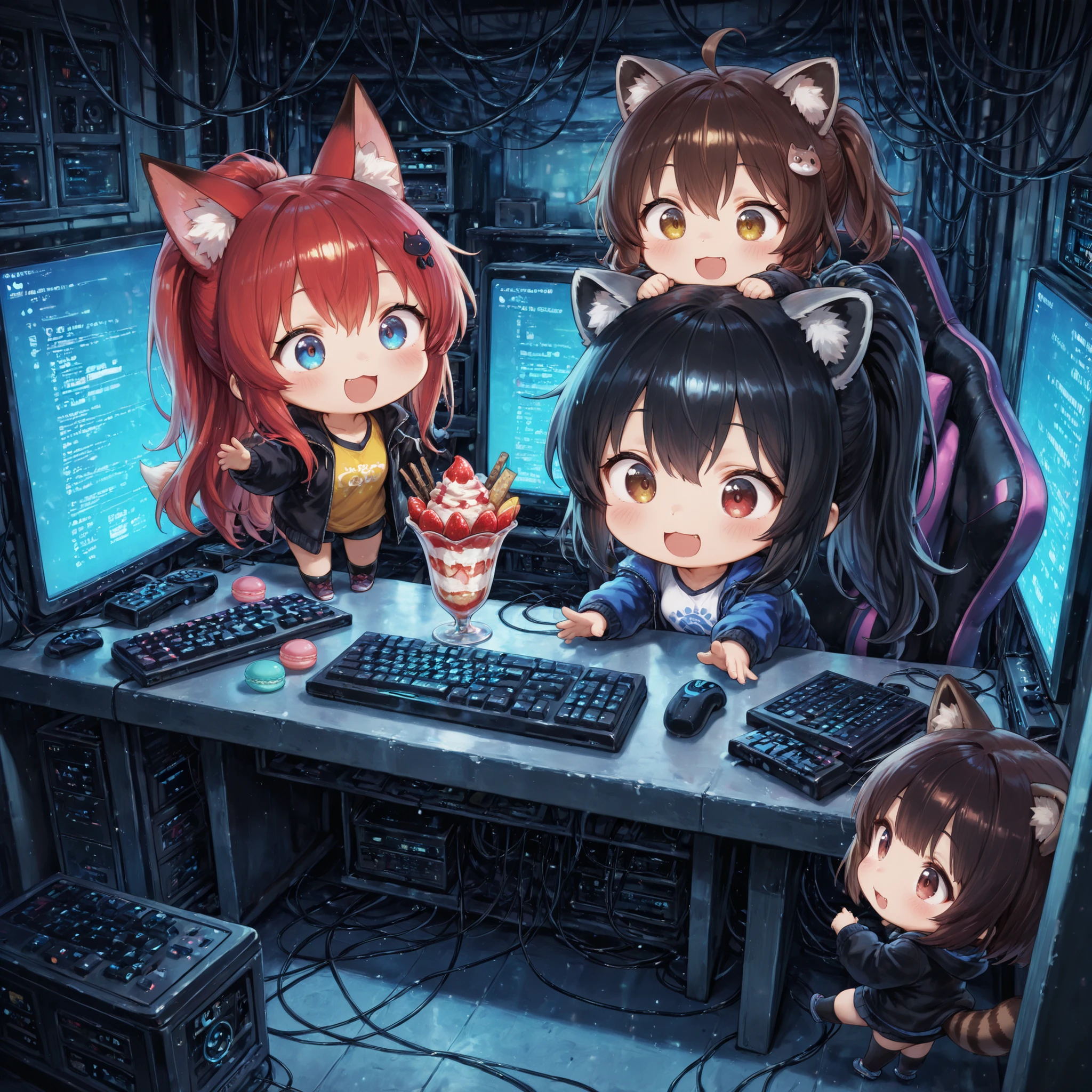 masterpiece, Highest Quality, anime style,
(chibi:1.2), full body, 2 heads tall, (multiple people),
Kemomimi Girls, hacker groups, Tees,
Blonde Fox Eared Girl, straight long hair, blue eyes,
Brown Haired Raccoon Eared Girl, Boob Head, brown eyes,
Black Haired Cat Eared Girl, ponytail, Golden Eyes,
Red Haired Bat Eared Girl, Long Wave Hair, red eyes,
(Dim Server Room), Lots of PCs and Monitors, Gaming PC Keyboard, lots of wires, Gaming Chair,
macarons, Tai Fook Cake, parfait,
TheDeail, Cute, mesugaki, glowing,