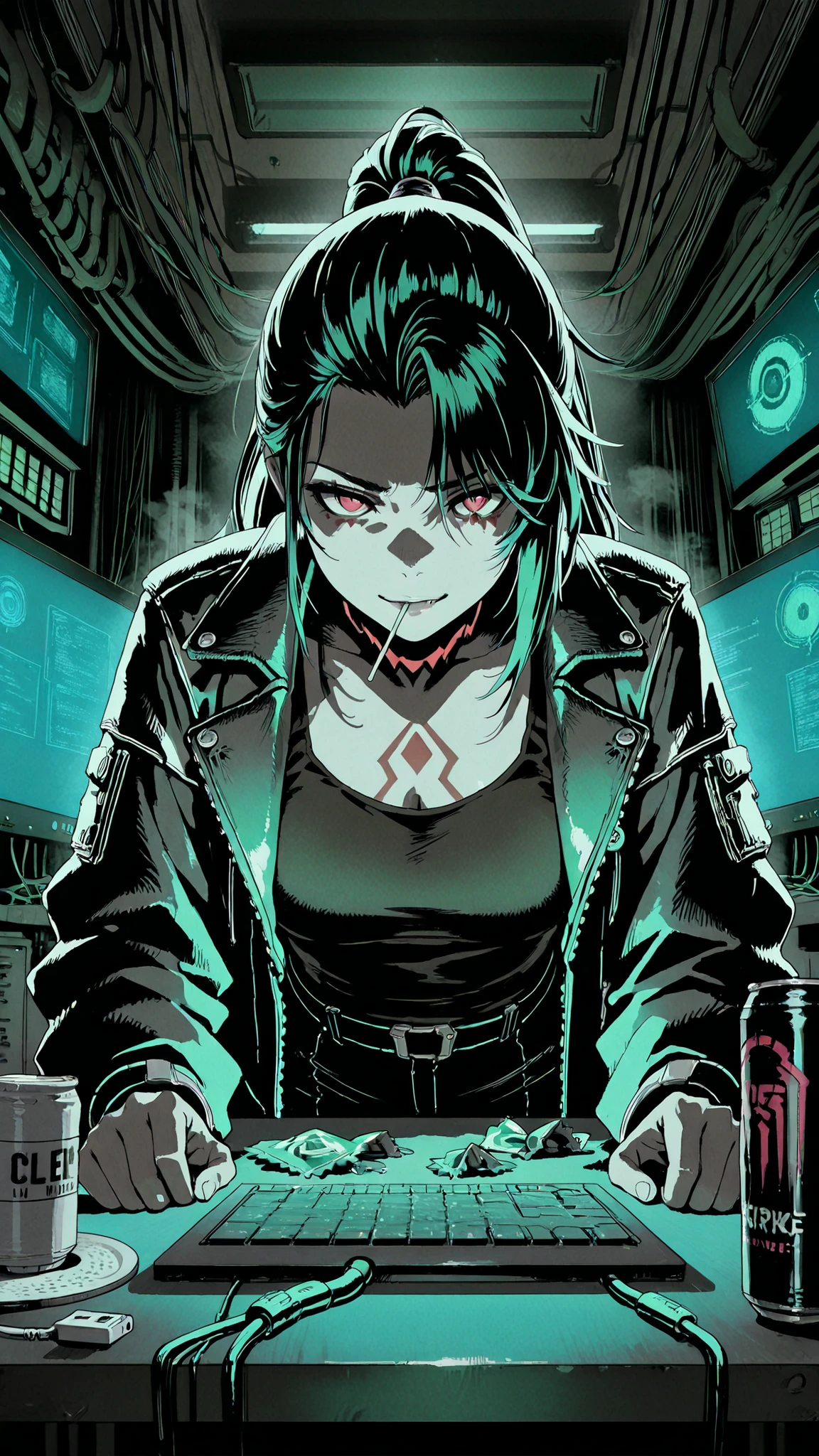 Scene Composition:
Interior of a converted van hacker den at night. Female hacker sits surrounded by multiple mismatched monitors displaying code, network diagrams, and terminal windows. candy wrappers an empty energy drink cans lying around creating ironic contrast with her intense, intimidating presence. Cramped, utilitarian space packed with serious tech equipment. Low angle emphasizing her commanding presence.
Environment Details:
Underground hacker setup inside van: multiple stacked monitors (various sizes, some cracked with tape), server racks with exposed components, tangled ethernet cables everywhere, hardware scattered on desk - USB drives, hard drives, circuit boards. Metal interior van walls, narrow cramped space. Dim overhead work light.
Few select vinyl figures visible on a small shelf, but minimal. This is a workspace, not a display room. Energy drink cans, coffee cups, takeout containers. Post-it notes with cryptic writing. Burner phones scattered around. The chaos of someone actually working.
Character:
Young Asian woman with edge - leather jacket over dark tank top, visible tattoos on arms. Hair slicked back in tight ponytail. Sharp, intimidating expression with slight smirk. Lollipop in mouth is deliberate contrast - childlike item against hardened demeanor. Confident, dangerous energy. She's in control.
Lighting & Atmosphere:
Dark, moody lighting. Multiple monitor screens as primary light sources casting harsh blue-white glow on her face. Single bare bulb work light creating dramatic shadows. High contrast, film noir aesthetic. Green terminal glow, red warning lights from equipment. Smoke haze in air catching light beams.
Technical Specifications:
9:16 aspect ratio, 35mm lens. Cinematic noir lighting, deep shadows. Desaturated color palette with emphasis on blues and greens from monitors. 8K detail on tech equipment and her expression. Film grain at 15% for gritty texture. Mr. Robot aesthetic. Cyberpunk underground hacker realism.