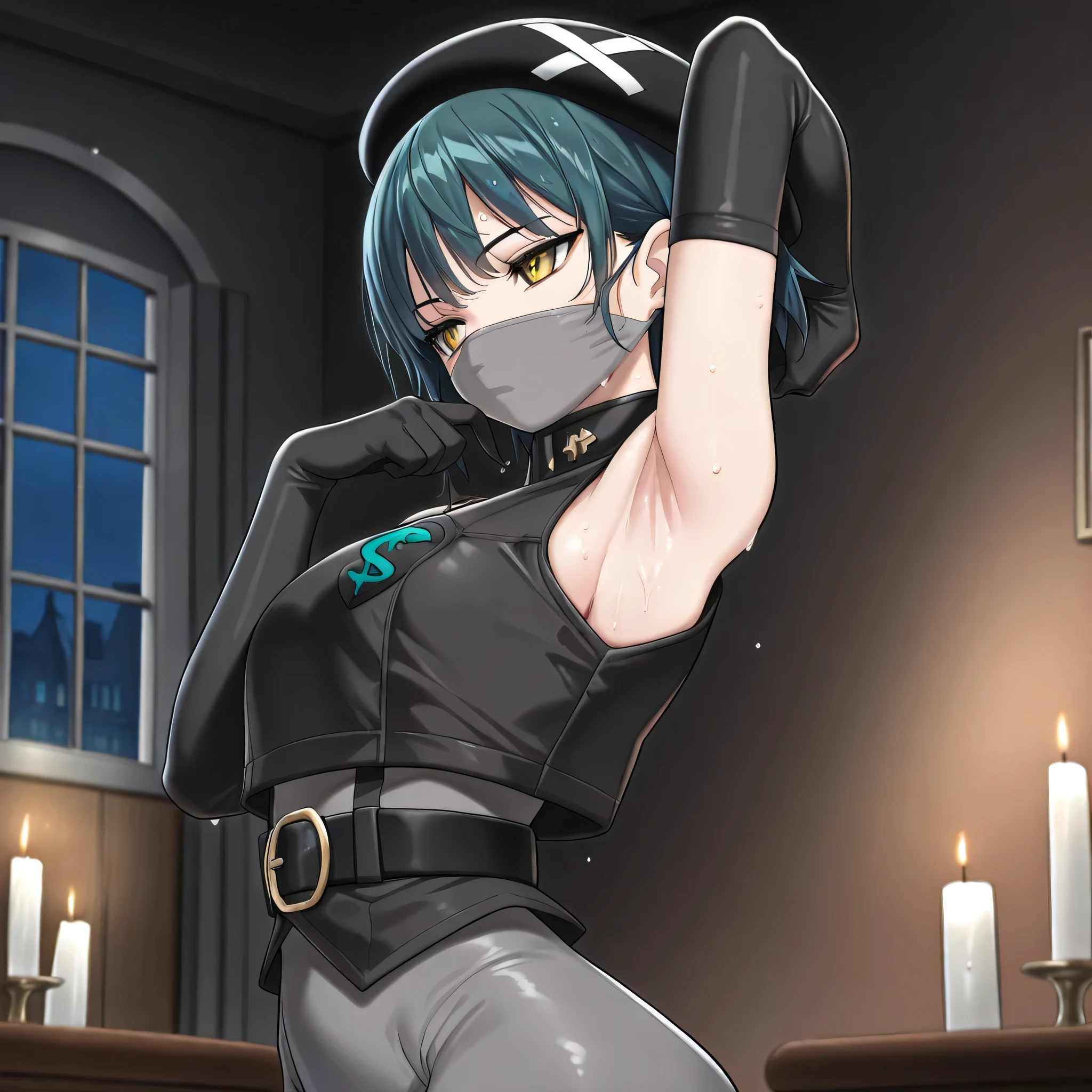(((Masterpiece))), (((Best Quality))), ((Super Detail)), ultra-High resolution, score_9,score_8_up,score_7_up,score_6_up,score_5_up,score_4_up, BREAK, source_anime, anime screencap, uncensored, Masterpiece, (absurdres), (detailed background), (very aesthetic), detailed beautiful eyes, outstanding, an exquisite animation illustration, curvy, highres, dark persona, black beret, (((mouth mask))), grey bodysuit, black vest, black gloves, elbow gloves, black belt, black boots, knee boots, (((solo, 1girl))), hair ornament, seductive pose, submissive pose, anime style, anime coloring, animification, megami magazine, sexy pose, medium breasts, expressionless, emotionless, tbzuma, yellow eyes, hairband, dark teal hair, wide hips, bangs, wet body, wet skin, wet hair, soak, sweat, tilt head, head tilt, arm up, hand up, armpits, armpit focus, looking from side, from side, view from side, cowboy shot, upper body, hand on armpit, indoor, night, dark room, candle