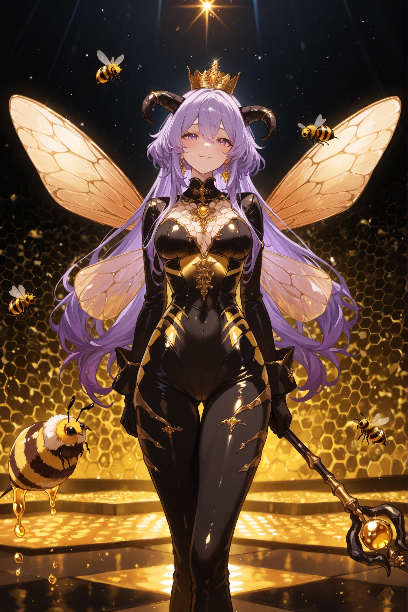 An elaborate scene shows a character with a striking design and. A figura, reminiscent of a queen bee, x} she is confident on a platform similar to a honeycomb, complete with golden honey. Your outfit is a combination of a black and gold jumpsuit adorned with bee-shaped details, , like cute yellow details and hexagonal patterns that evoke honeycomb structures. She holds a fantastic staff with golden ornaments encrusted with jewels.
The character's wings are translucent and iridescent, reflecting shades of blue , verde, e rosa, complementing her long, flowing purple hair. A crown rests over your head, highlighting its real appearance. Surrounding her are small bee-like creatures, increasing the vibrant and magical environment. The general mood is supernatural and majestic, , blending elements of fantasy and nature with the best quality, best effects and with the best resolution