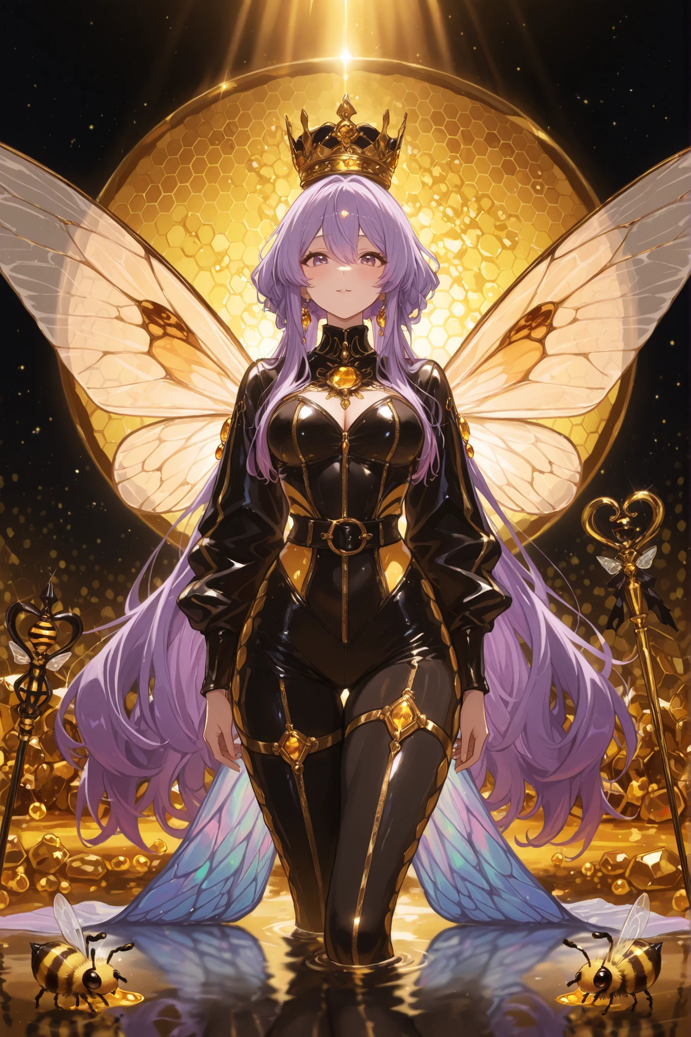 An elaborate scene shows a character with a striking design and. A figura, reminiscent of a queen bee, x} she is confident on a platform similar to a honeycomb, complete with golden honey. Your outfit is a combination of a black and gold jumpsuit adorned with bee-shaped details, , like cute yellow details and hexagonal patterns that evoke honeycomb structures. She holds a fantastic staff with golden ornaments encrusted with jewels.
The character's wings are translucent and iridescent, reflecting shades of blue , verde, e rosa, complementing her long, flowing purple hair. A crown rests over your head, highlighting its real appearance. Surrounding her are small bee-like creatures, increasing the vibrant and magical environment. The general mood is supernatural and majestic, , blending elements of fantasy and nature with the best quality, best effects and with the best resolution