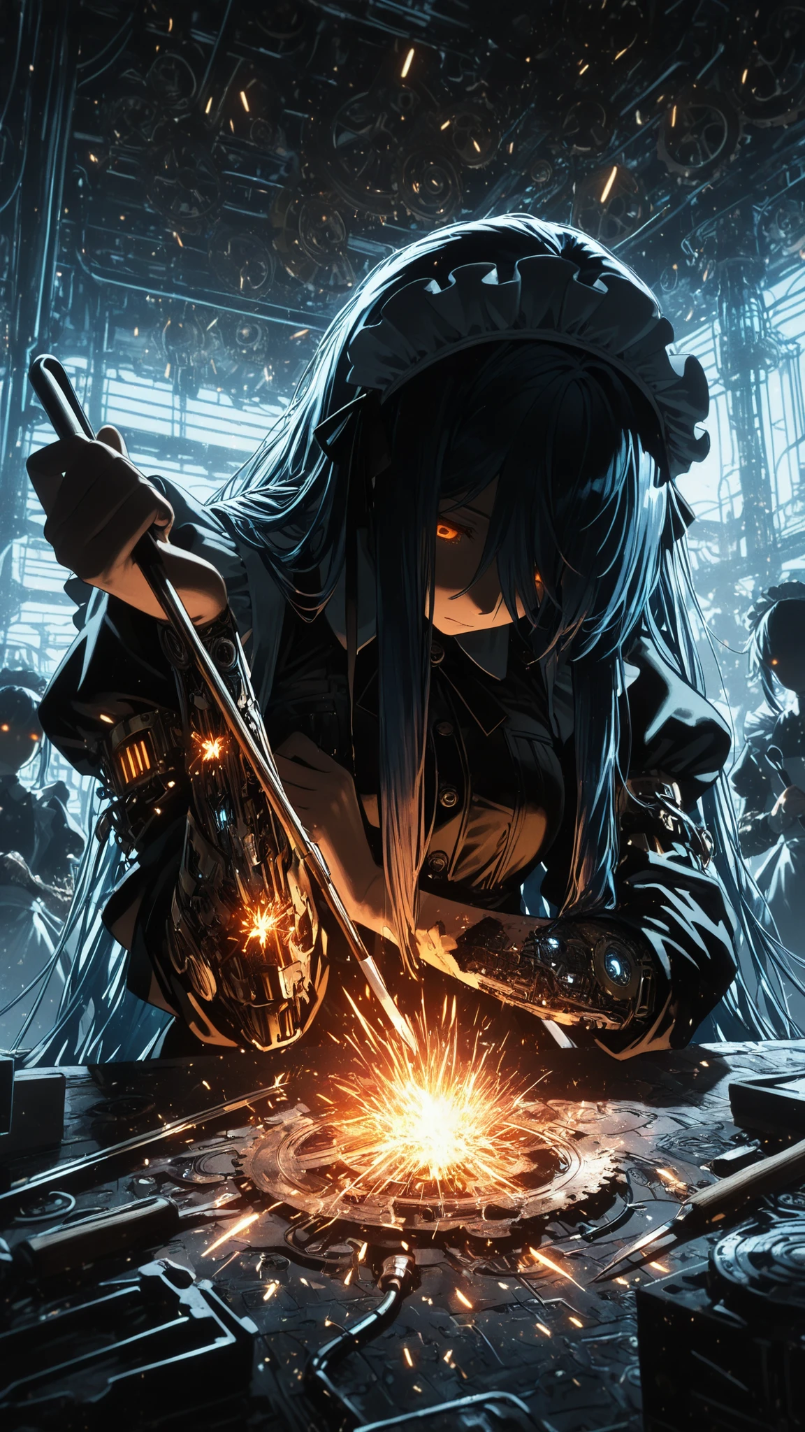 (masterpiece:1.2, Best Quality), C7b3rp0nkStyle, ((very long bangs, hidden face, face hidden by hair)), head tilt, looking up, beautiful face, long sidelocks framing face, long swept bangs, dark blue hair, messy hair, braid, orange eyes, glowing eyes, ((holding tools, sparks)) ((repairing own arm, looking down, placing tool against arm)), futuristic, factory, delicate mechanical features, exposed circuitry, damaged gears scattered, expressionless, intricate steampunk details, maid outfit, frilly headdress, mechanical parts clockwork scattered ground, watercolor and ink, rough texture, sketchy outlines, organic lines, hatching and cross-hatching, paper texture, analog art style with visible brush strokes and line work.