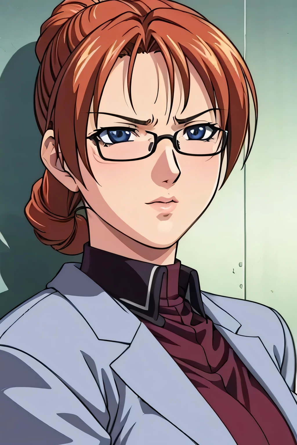anime style, upper body portrait, elite American female detective, 42 years old, tall and busty, faded deep red hair tied back, sharp skeptical eyes behind glasses, smoking a cigarette, strong rouge lips, expensive grey pantsuit, tired and sarcastic expression, photorealistic anime lighting, masterpiece, 8k, high quality, depth of field, atmosphere of cynicism and resilience