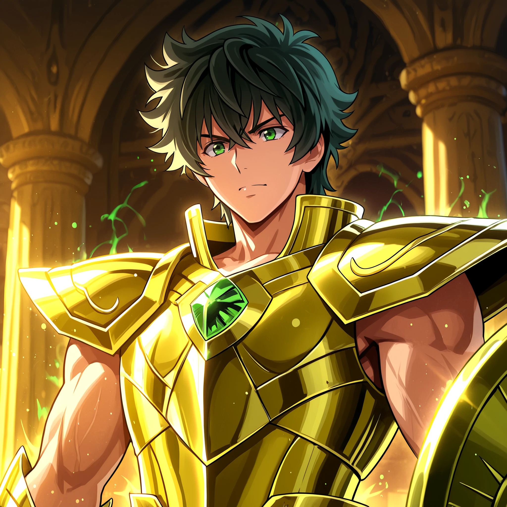 Detailed anime-style fantasy illustration featuring a
Naofumi Iwatani, from The Rise of the Shield Hero, proudly wears the Saint Seiya-inspired Golden Armor of Leo. His build is athletic and slender, without being overly muscular. He has tousled black hair, dark green eyes, and a calm yet confident expression.
Leo's Armor shines a radiant gold, with intricate mechanical details on the arms and shoulders, symbolizing balance and justice. His Legendary Shield is integrated into the design, glowing faintly with emerald energy.
Background: A temple of golden pillars, bathed in sunlight and a cosmic aura.
Heroic pose. Gleaming armor. Smooth, reflective metal.