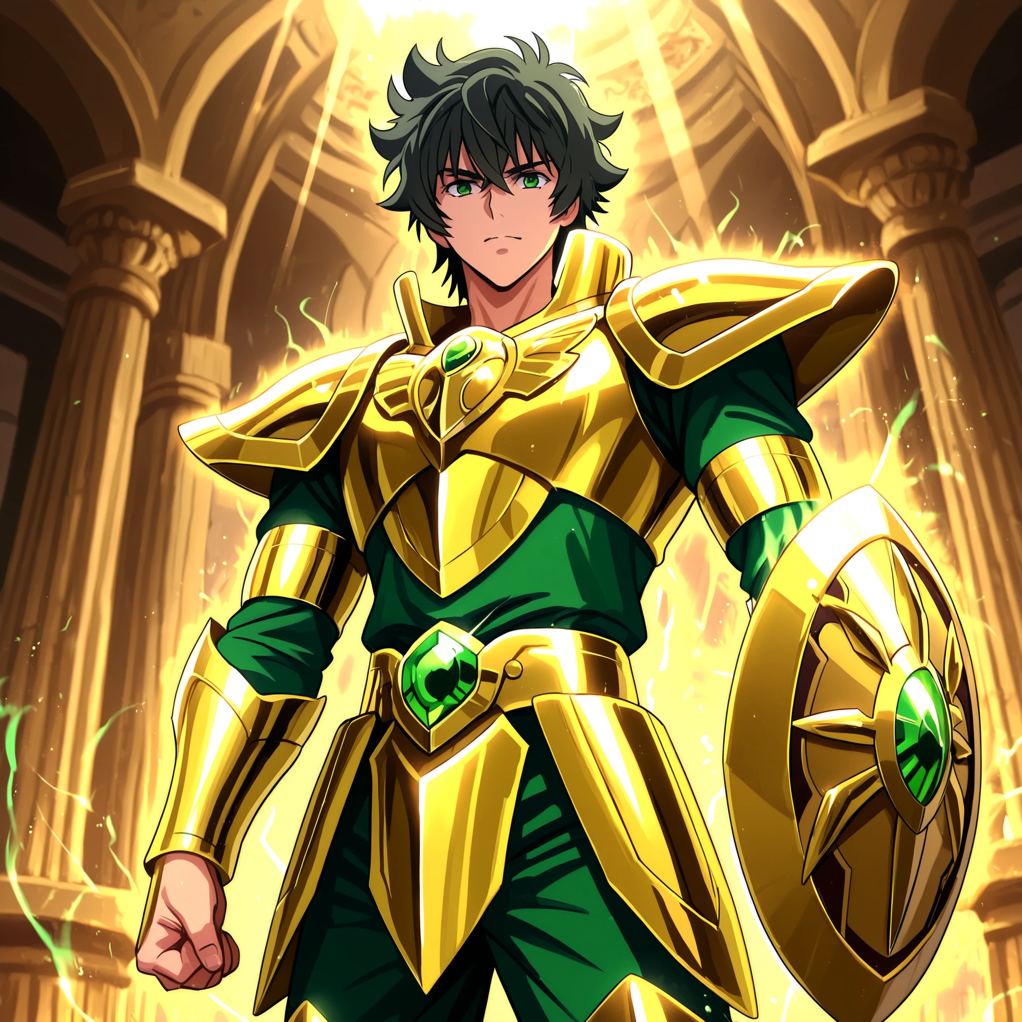Detailed anime-style fantasy illustration featuring a
Naofumi Iwatani, from The Rise of the Shield Hero, proudly wears the Saint Seiya-inspired Golden Armor of Leo. His build is athletic and slender, without being overly muscular. He has tousled black hair, dark green eyes, and a calm yet confident expression.
Leo's Armor shines a radiant gold, with intricate mechanical details on the arms and shoulders, symbolizing balance and justice. His Legendary Shield is integrated into the design, glowing faintly with emerald energy.
Background: A temple of golden pillars, bathed in sunlight and a cosmic aura.
Heroic pose. Gleaming armor. Smooth, reflective metal.