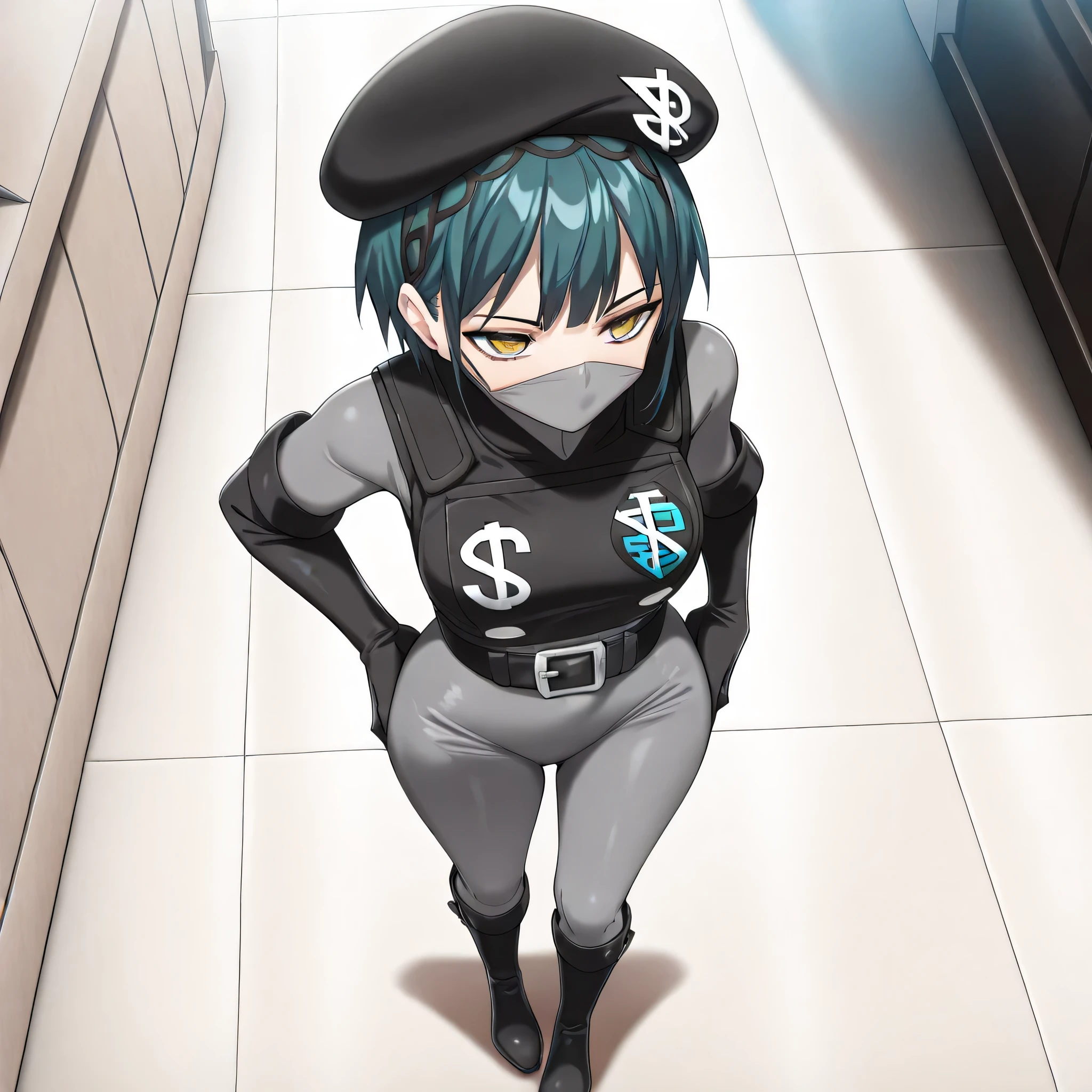 (((Masterpiece))), (((Best Quality))), ((Super Detail)), ultra-High resolution, score_9,score_8_up,score_7_up,score_6_up,score_5_up,score_4_up, BREAK, source_anime, anime screencap, uncensored, Masterpiece, (absurdres), (detailed background), (very aesthetic), detailed beautiful eyes, outstanding, an exquisite animation illustration, curvy, highres, dark persona, black beret, (((mouth mask))), grey bodysuit, black vest, black gloves, elbow gloves, black belt, black boots, knee boots, (((solo, 1girl))), hair ornament, seductive pose, submissive pose, anime style, anime coloring, animification, megami magazine, sexy pose, medium breasts, expressionless, emotionless, tbzuma, yellow eyes, hairband, dark teal hair, wide hips, bangs, looking from above, from above, view from above, standing, standing at attention, standing still, looking ahead, indoor, full body,