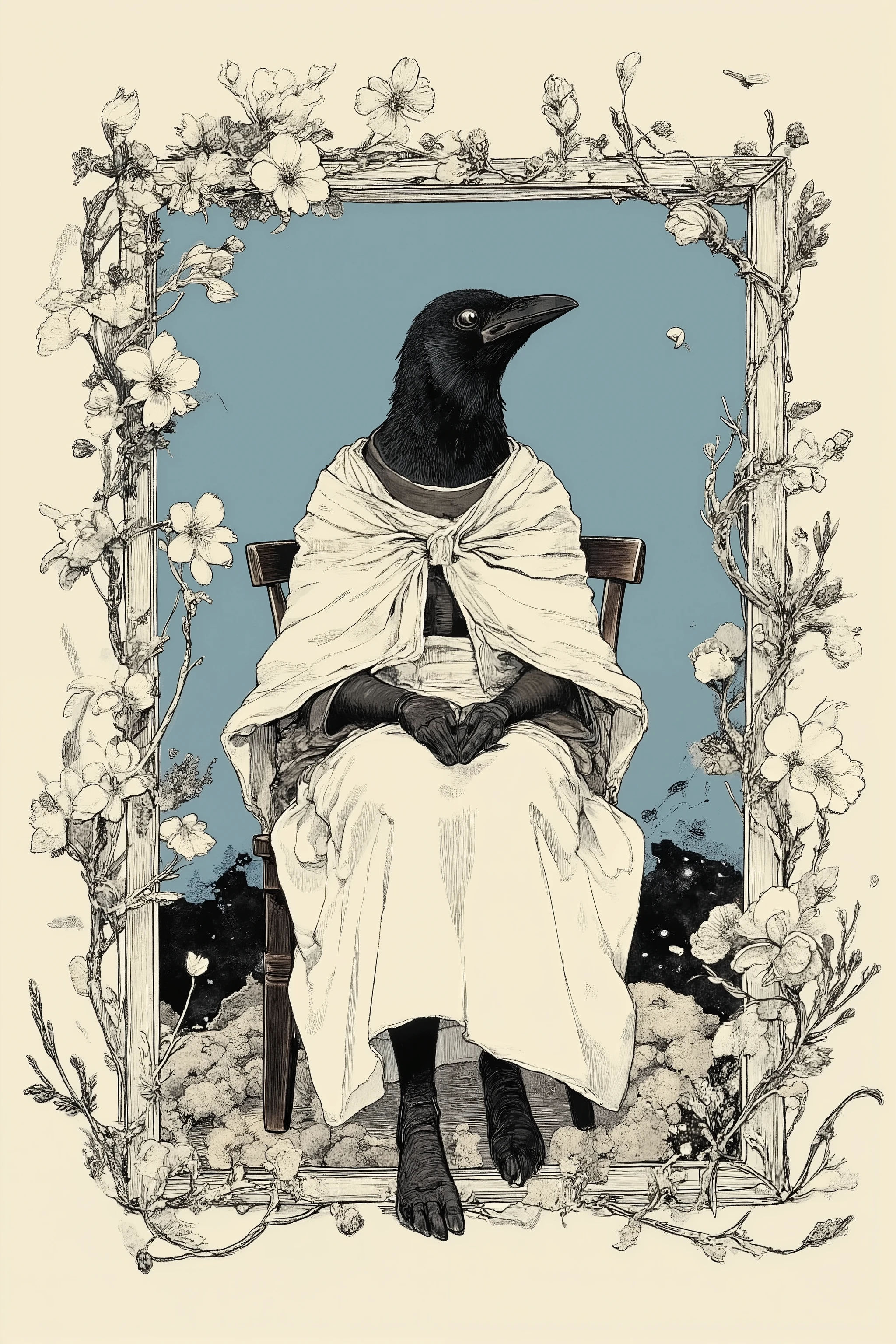 Illustration in vintage style,The person in the center is a crow、sitting on a simple chair,The crow is personified,with a shawl wrapped around the shoulder, modest dress with a white apron covering the bottom half,has an open beak,Midcow, dynamic in gentle poses Add an extra side,The background is a calm blue rectangular frame, The edge is intertwined with decorative elements of foxglove and intricately drawn leaves in black and white,delicate,Symmetrical frame with the scene,suggesting a fusion between the natural world and human-like worlds,whimsical and elegant sense,a fusion of human and animal features decorated with botanical art,monochrome color scheme,faint blue,timeless classic atmosphere, close-up of a bird sitting on a chair in a frame, artistic drawing of a crow ,crow details,anthropomorphic bird