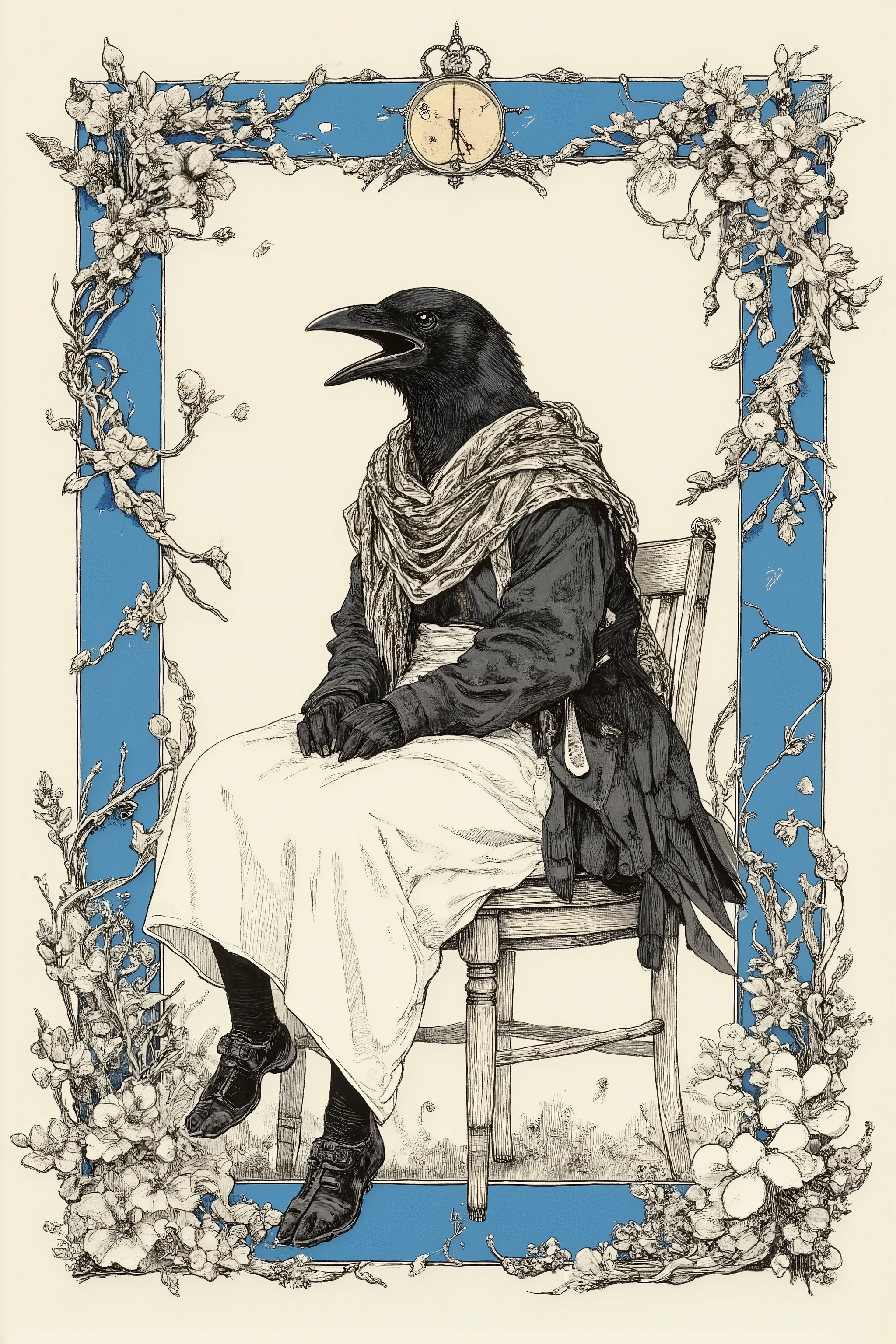 Illustration in vintage style,The person in the center is a crow、sitting on a simple chair,The crow is personified,with a shawl wrapped around the shoulder, modest dress with a white apron covering the bottom half,has an open beak,Midcow, dynamic in gentle poses Add an extra side,The background is a calm blue rectangular frame, The edge is intertwined with decorative elements of foxglove and intricately drawn leaves in black and white,delicate,Symmetrical frame with the scene,suggesting a fusion between the natural world and human-like worlds,whimsical and elegant sense,a fusion of human and animal features decorated with botanical art,monochrome color scheme,faint blue,timeless classic atmosphere, close-up of a bird sitting on a chair in a frame, artistic drawing of a crow ,crow details,anthropomorphic bird