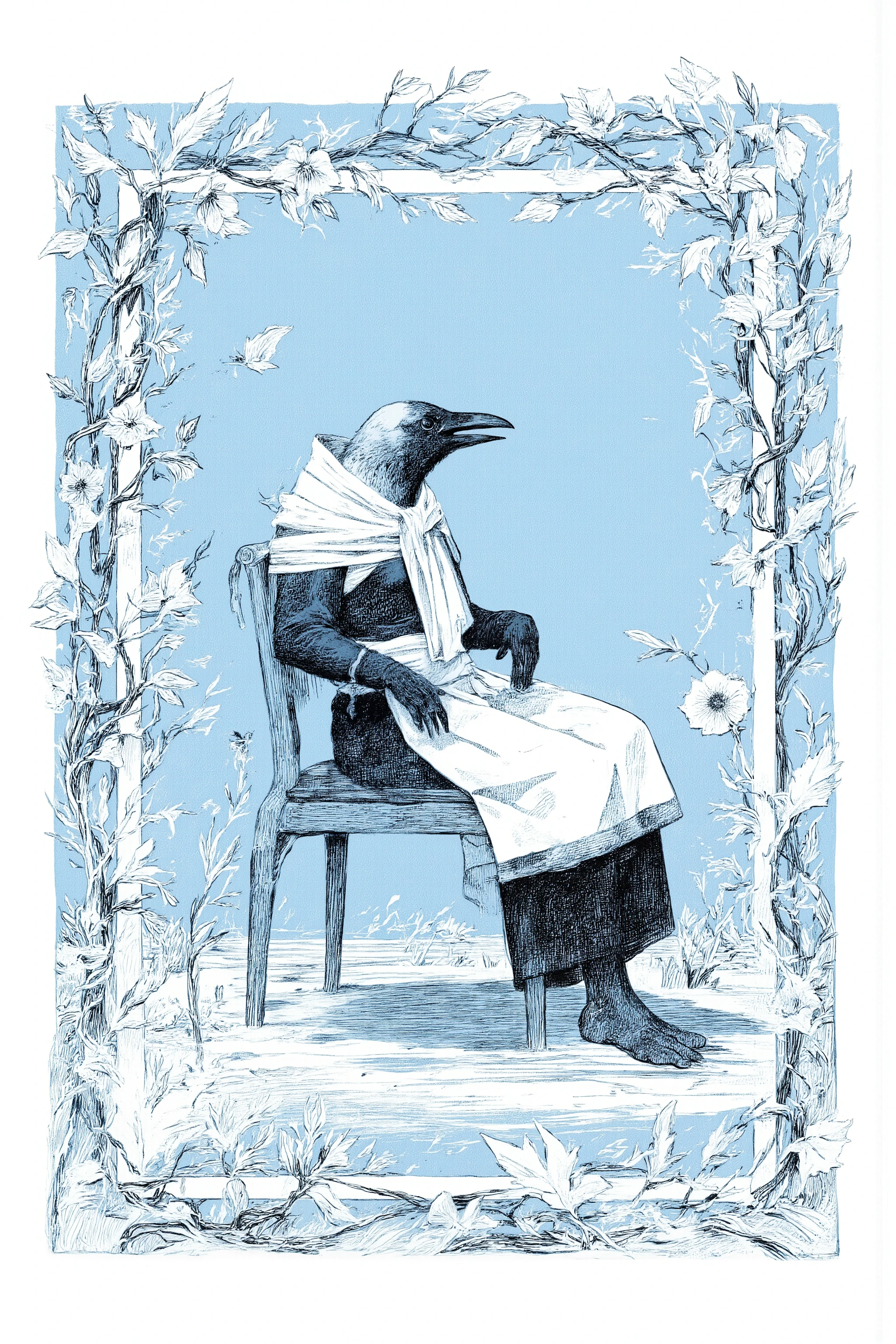 Illustration in vintage style,The person in the center is a crow、sitting on a simple chair,The crow is personified,with a shawl wrapped around the shoulder, modest dress with a white apron covering the bottom half,has an open beak,Midcow, dynamic in gentle poses Add an extra side,The background is a calm blue rectangular frame, The edge is intertwined with decorative elements of foxglove and intricately drawn leaves in black and white,delicate,Symmetrical frame with the scene,suggesting a fusion between the natural world and human-like worlds,whimsical and elegant sense,a fusion of human and animal features decorated with botanical art,monochrome color scheme,faint blue,timeless classic atmosphere, close-up of a bird sitting on a chair in a frame, artistic drawing of a crow ,crow details,anthropomorphic bird