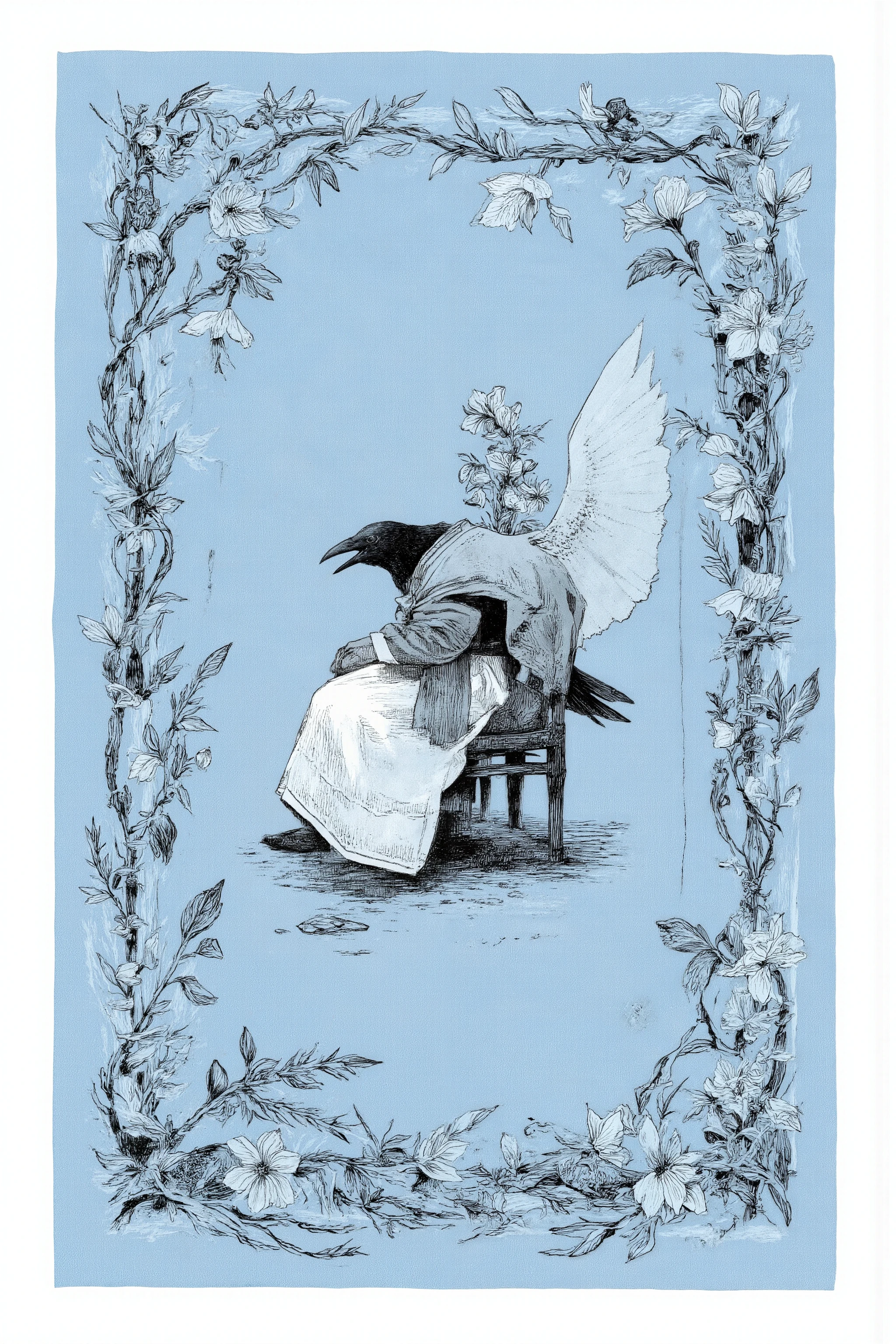 Illustration in vintage style,The person in the center is a crow、sitting on a simple chair,The crow is personified,with a shawl wrapped around the shoulder, modest dress with a white apron covering the bottom half,has an open beak,Midcow, dynamic in gentle poses Add an extra side,The background is a calm blue rectangular frame, The edge is intertwined with decorative elements of foxglove and intricately drawn leaves in black and white,delicate,Symmetrical frame with the scene,suggesting a fusion between the natural world and human-like worlds,whimsical and elegant sense,a fusion of human and animal features decorated with botanical art,monochrome color scheme,faint blue,timeless classic atmosphere, close-up of a bird sitting on a chair in a frame, artistic drawing of a crow ,crow details,anthropomorphic bird