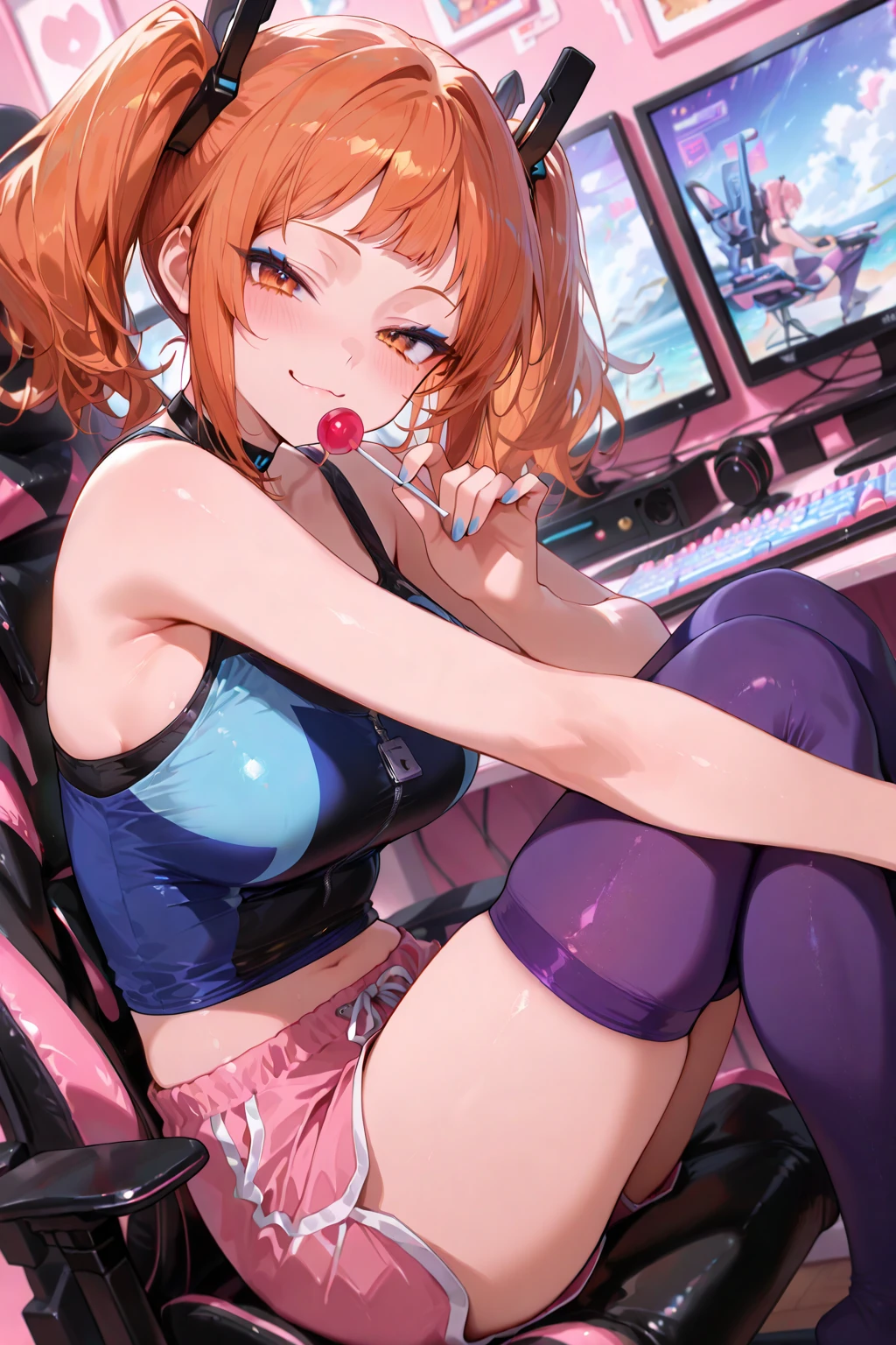 love live!, kousaka honoka,(beautiful detailed blue eyes), solo, (dynamic pose), 1 girl, ?????????, ?????? arousal, ?????? expression, anime, ????????, ,???????????, game console, game controller,television, playstation controller, bookshelf, gamepad, indoors, poster (object), book, pillow, bed,headphones,lying, tissue box, dice, parody, bulletin board,sitting