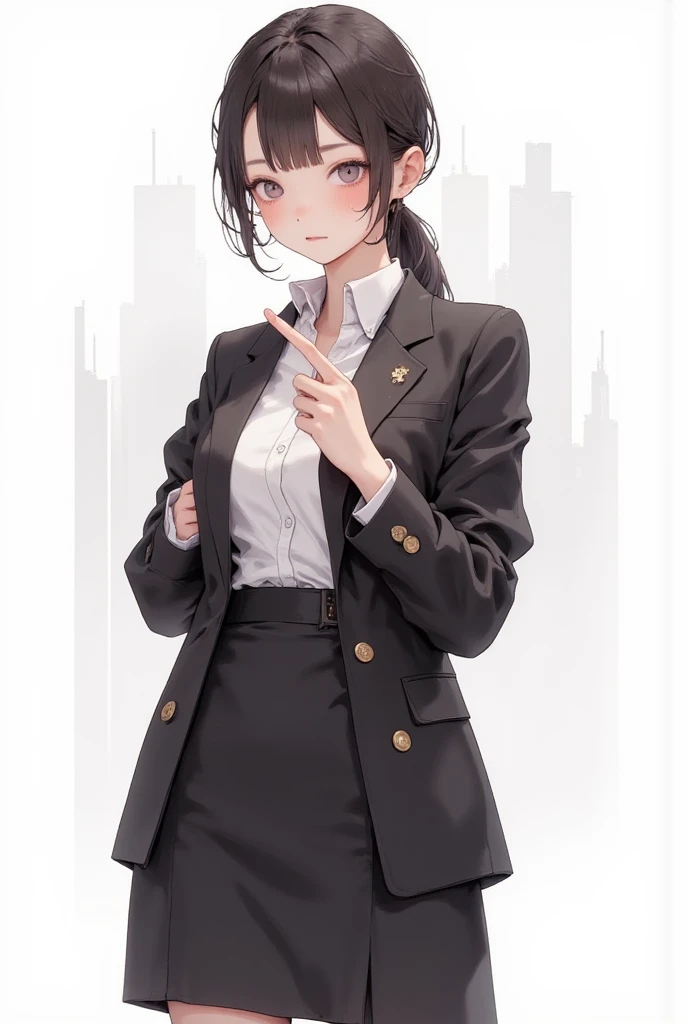 (masterpiece, high quality, best quality, highres,) One Woman, young, black hair, bob cut, Green Eyes, Athletic build, expressionless, closed mouth, office staff suit, Simple white background, standing, cowboy shot, from the front