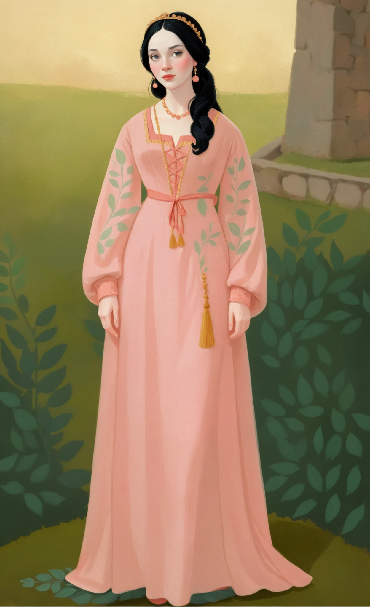 1girl, black hair, fair pink pale skin, expressive face, black eyes, full body, beautiful detailed medieval dress, detailed thick realistic gouache texture, illustration, in gougoupaintleaves style:1.5, novuschroma04 style
