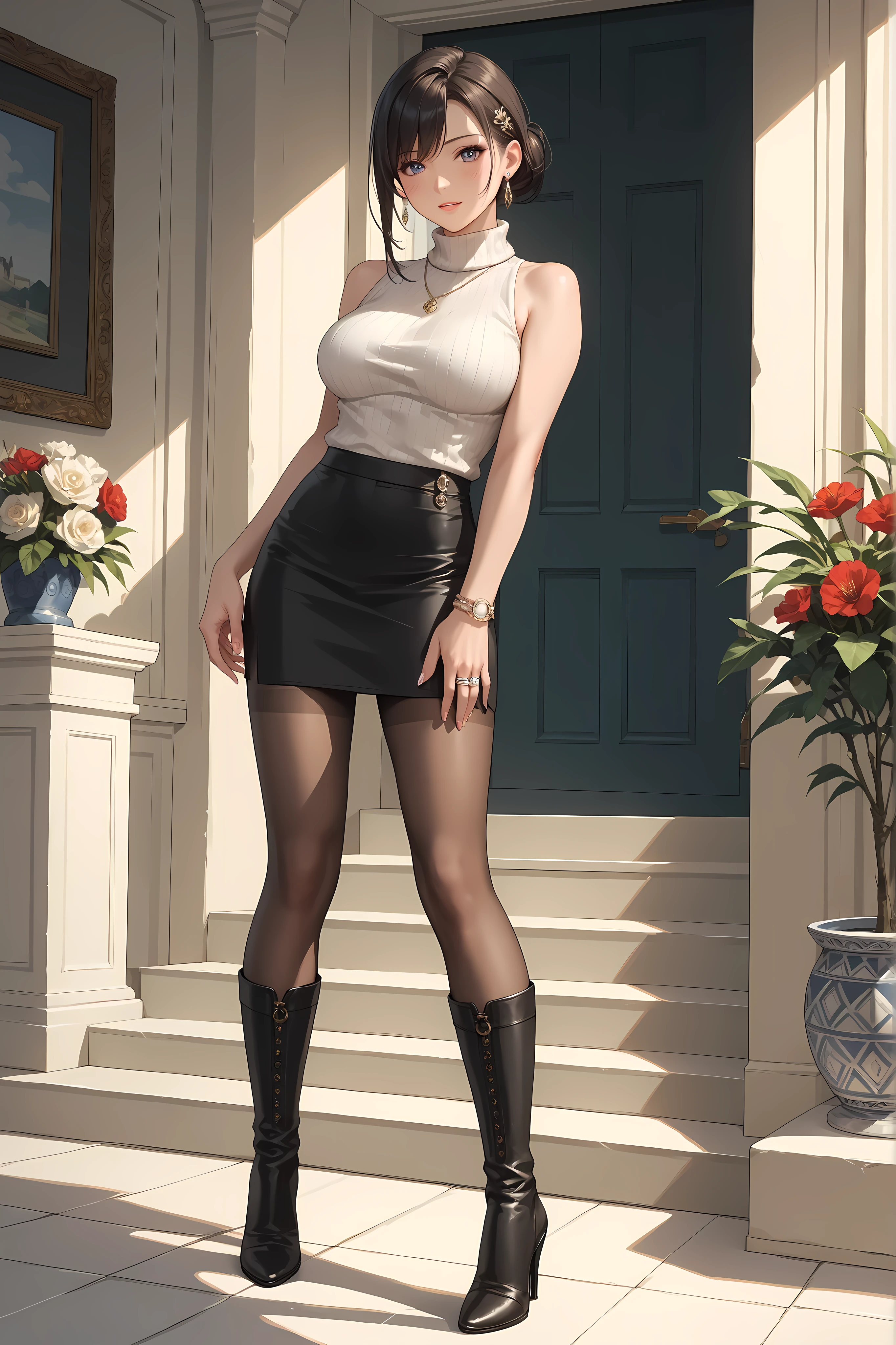 ((inspired by )),((inspired by Animation Style:1.5)),(masterpiece, best quality),beautiful, beautiful-woman, ((detailed face)).(full body:1.3).,
,
,
The woman is wearing sleeveless turtleneck sweater and pencil skirt with pantyhose ,((black knee-length-boots with high-heels :1.5.)),
background is hotel.