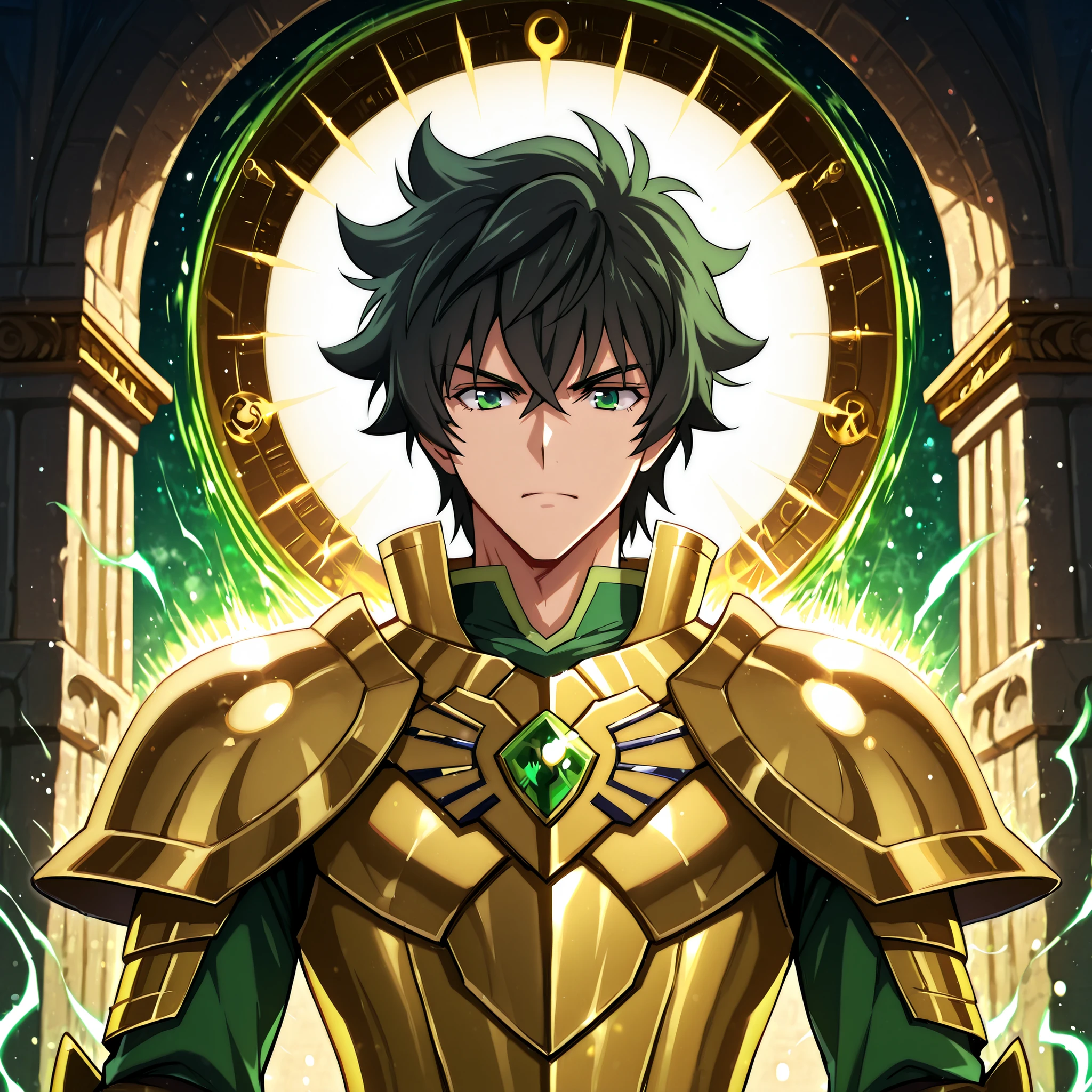 Detailed anime-style fantasy illustration featuring a Naofumi Iwatani, from The Rise of the Shield Hero, proudly wears the Saint Seiya-inspired Golden Armor of Leo. His build is athletic and slender, without being overly muscular. He has tousled black hair, dark green eyes, and a calm yet confident expression. Leo's Armor shines a radiant gold, with intricate mechanical details on the arms and shoulders, symbolizing balance and justice. His Legendary Shield is integrated into the design, glowing faintly with emerald energy. Background: A temple of golden pillars, bathed in sunlight and a cosmic aura. Heroic pose. Gleaming armor. Smooth, reflective metal.