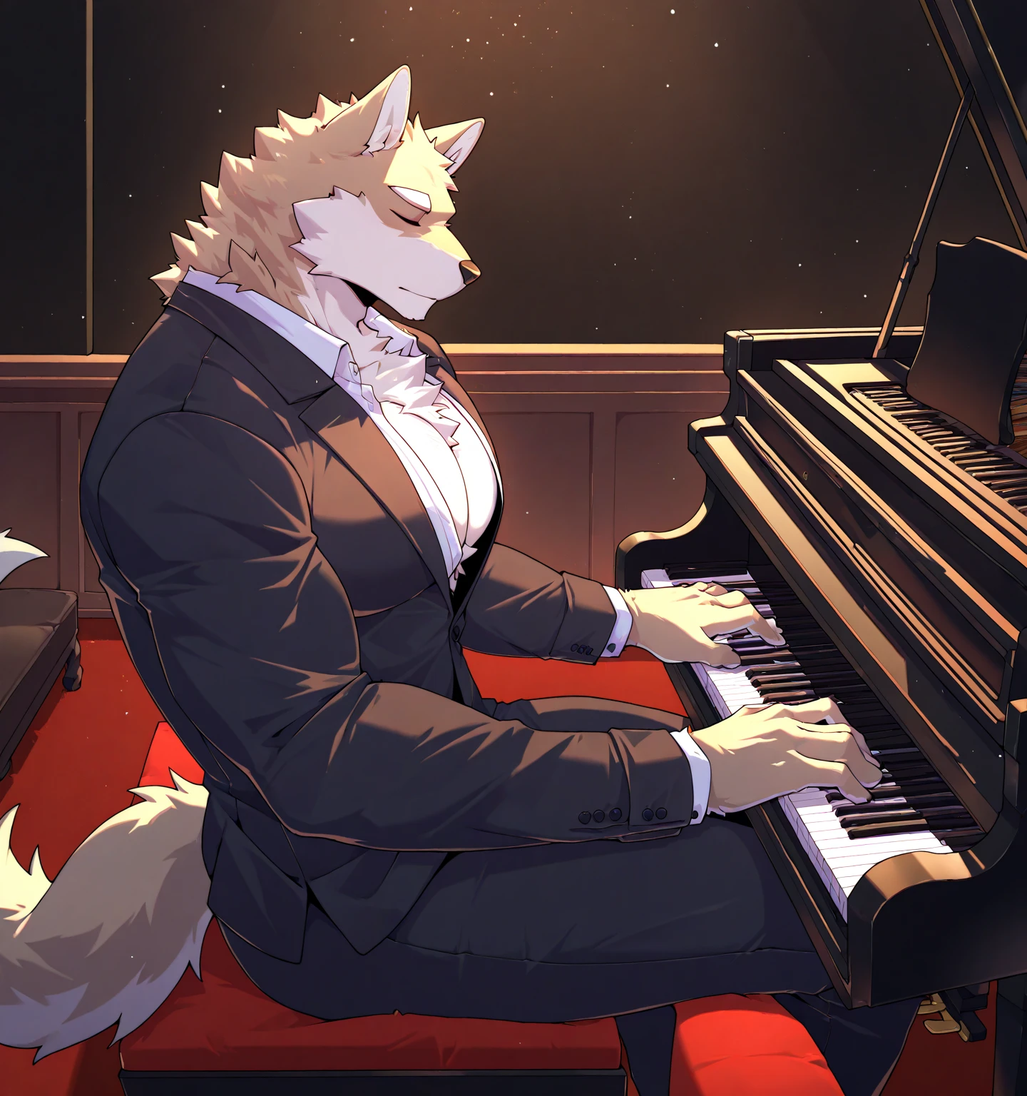 Playing the piano,Wolf,author:Takemoto Arashi,Anime Style,Side angle,Sitting in a chair,Grand piano,Grey fur,Far Angle,Black T-shirt,Dark blue jeans